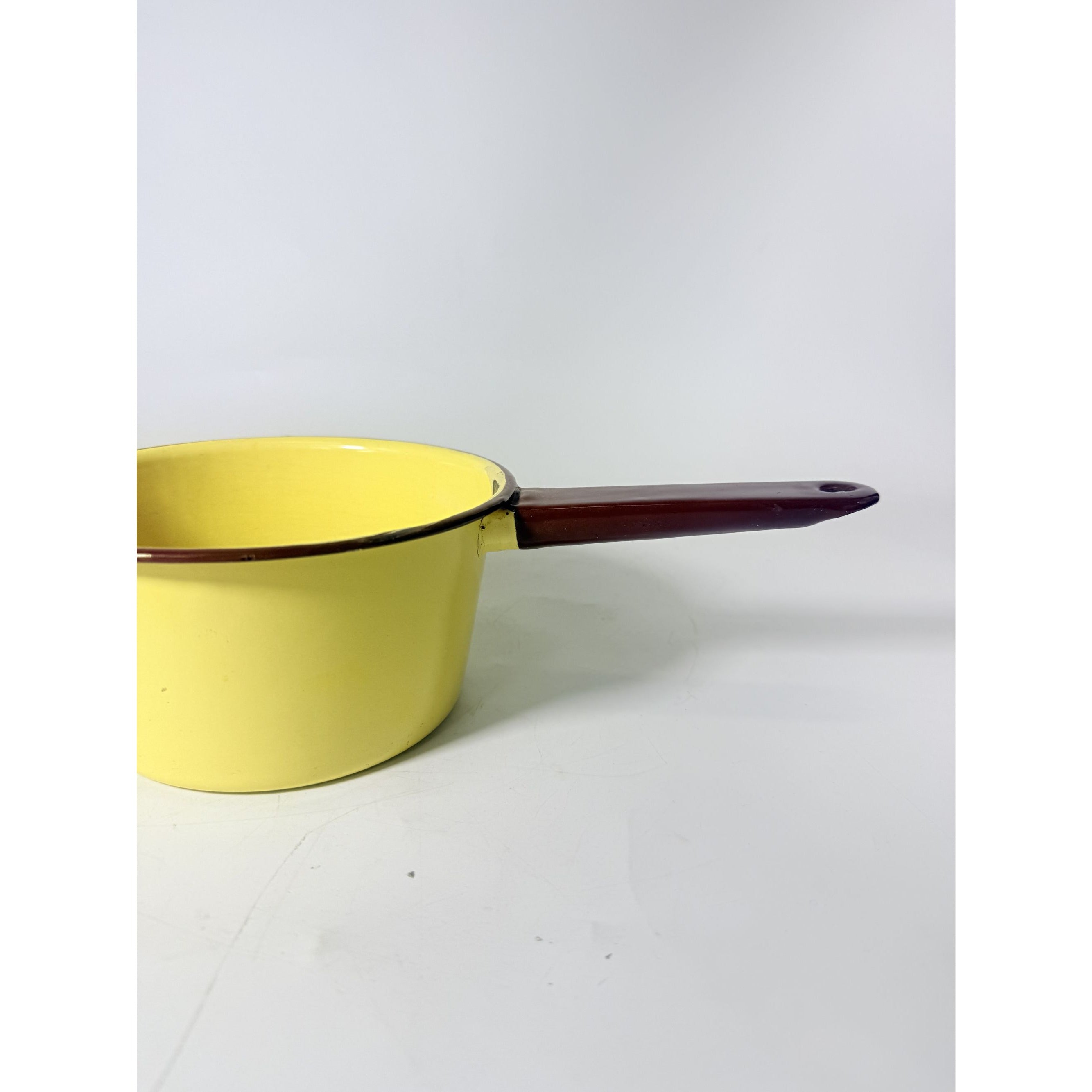 Enamelware Saucepan Pot Vintage Beige With Brown Trim  Sauce Pan Cookware Kitchen Farmhouse Country Primitive Granny Cottage COre