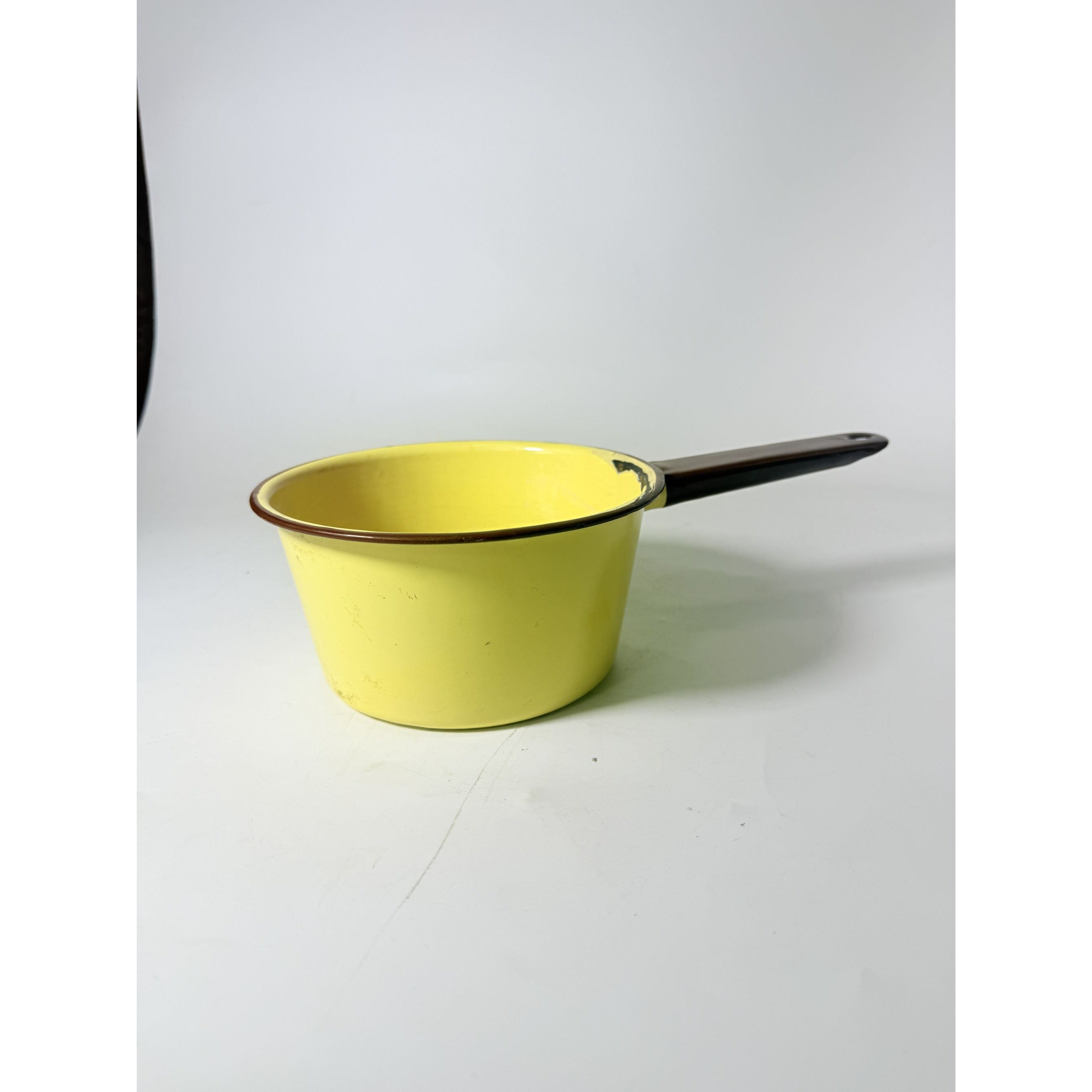 Enamelware Saucepan Pot Vintage Beige With Brown Trim  Sauce Pan Cookware Kitchen Farmhouse Country Primitive Granny Cottage COre