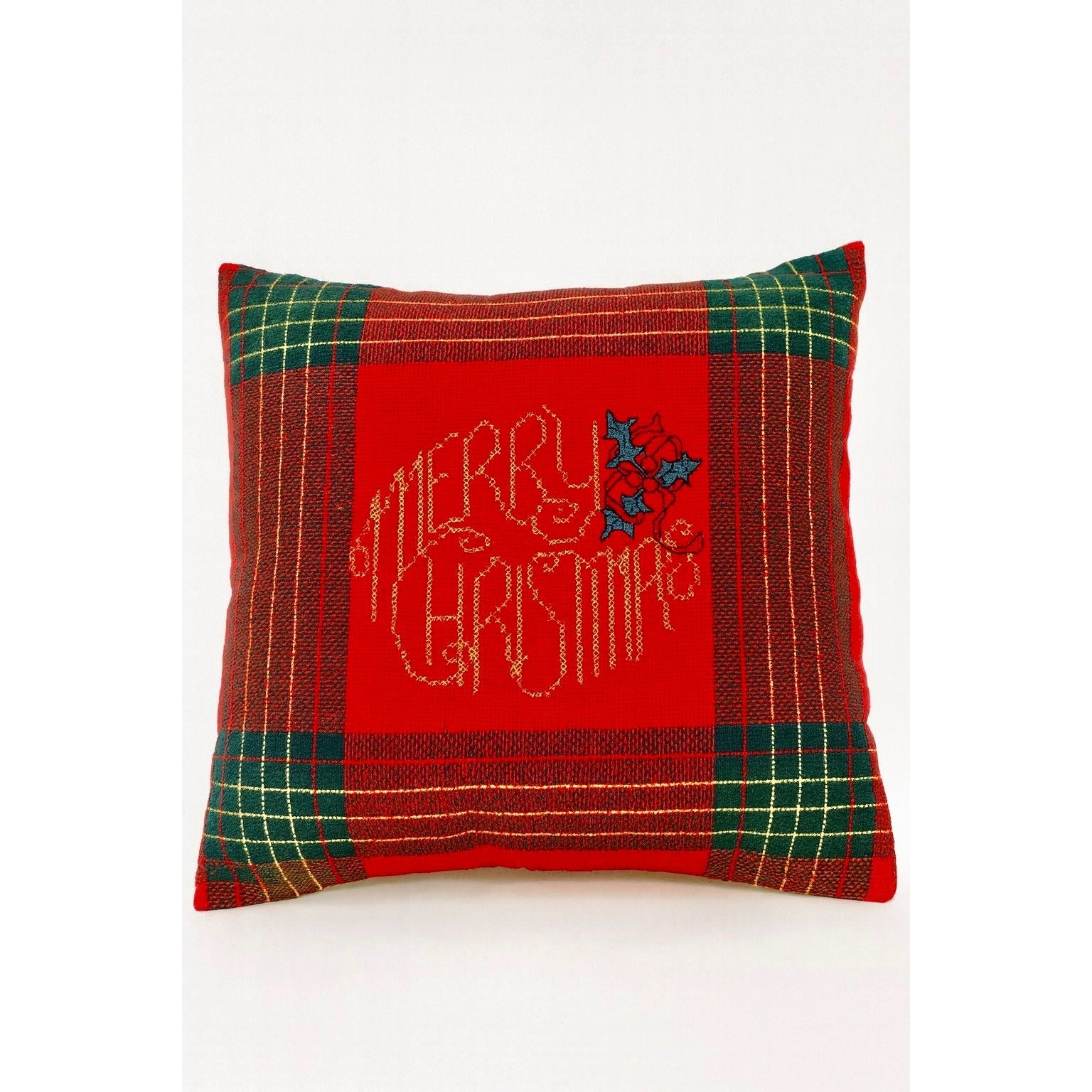 Decorative Throw Pillow Red & Green Plaid "Merry Christmas" Vintage With Gold Embroidery & Holly Design | Handmade Holiday Traditional