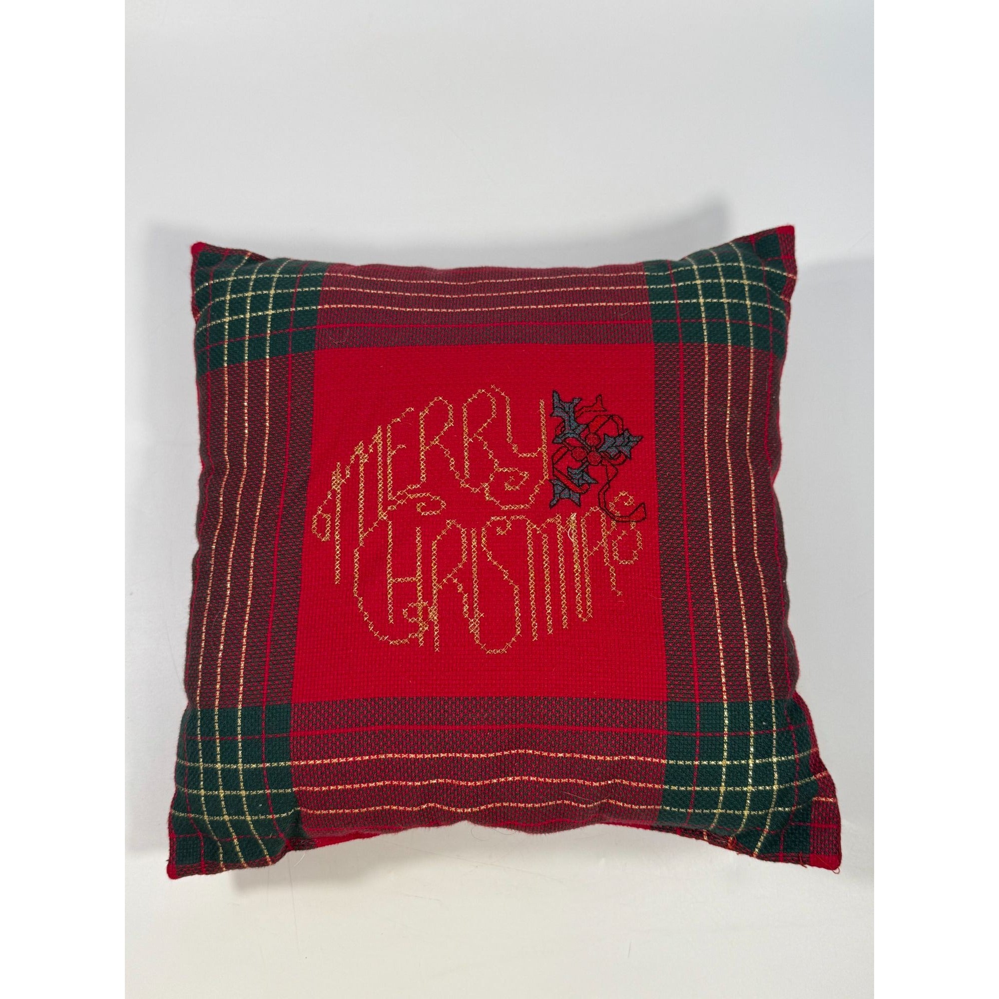Decorative Throw Pillow Red & Green Plaid "Merry Christmas" Vintage With Gold Embroidery & Holly Design | Handmade Holiday Traditional