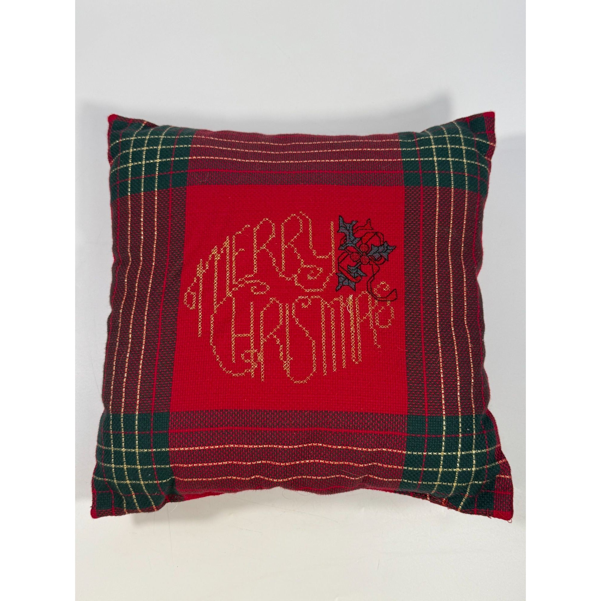 Decorative Throw Pillow Red & Green Plaid "Merry Christmas" Vintage With Gold Embroidery & Holly Design | Handmade Holiday Traditional