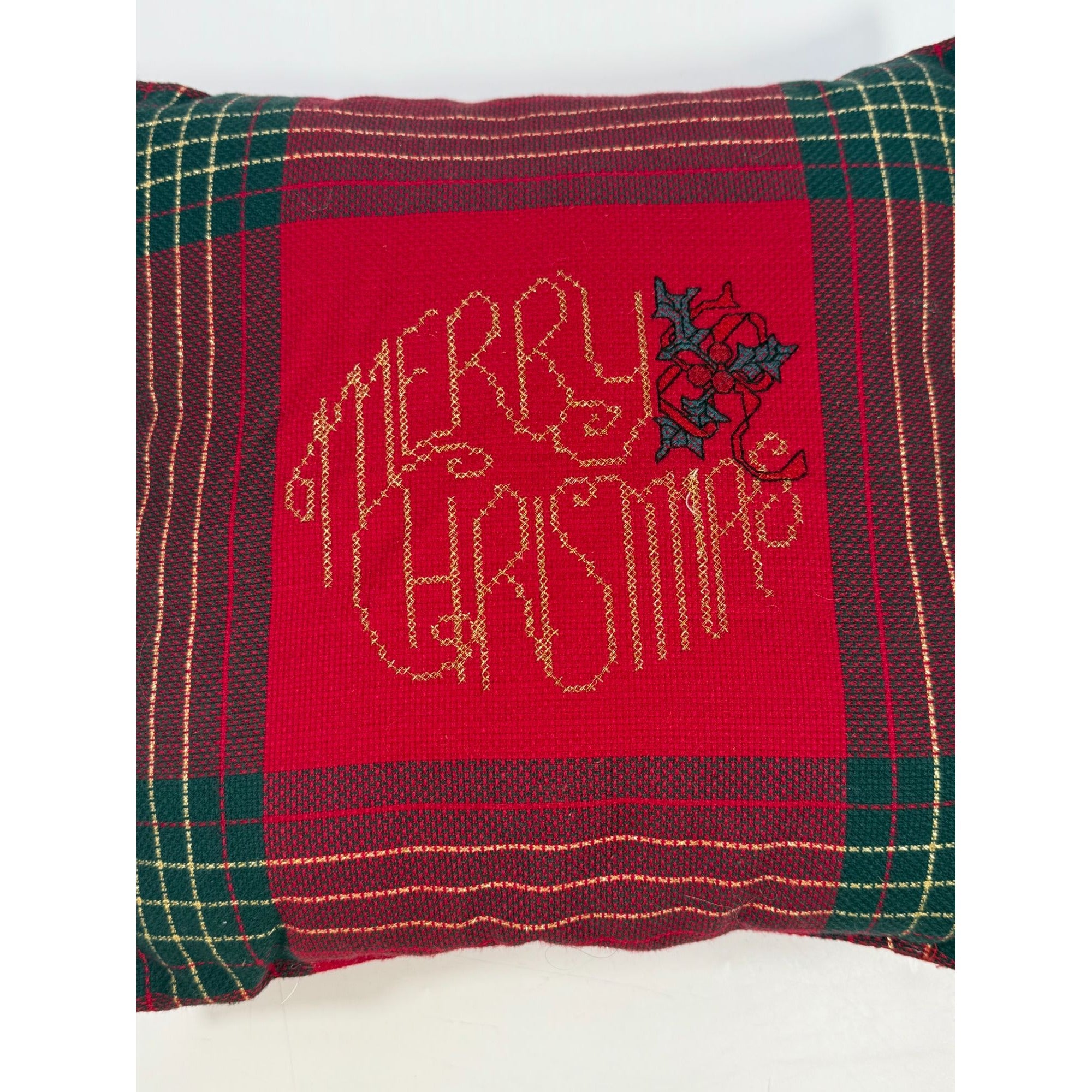 Decorative Throw Pillow Red & Green Plaid "Merry Christmas" Vintage With Gold Embroidery & Holly Design | Handmade Holiday Traditional