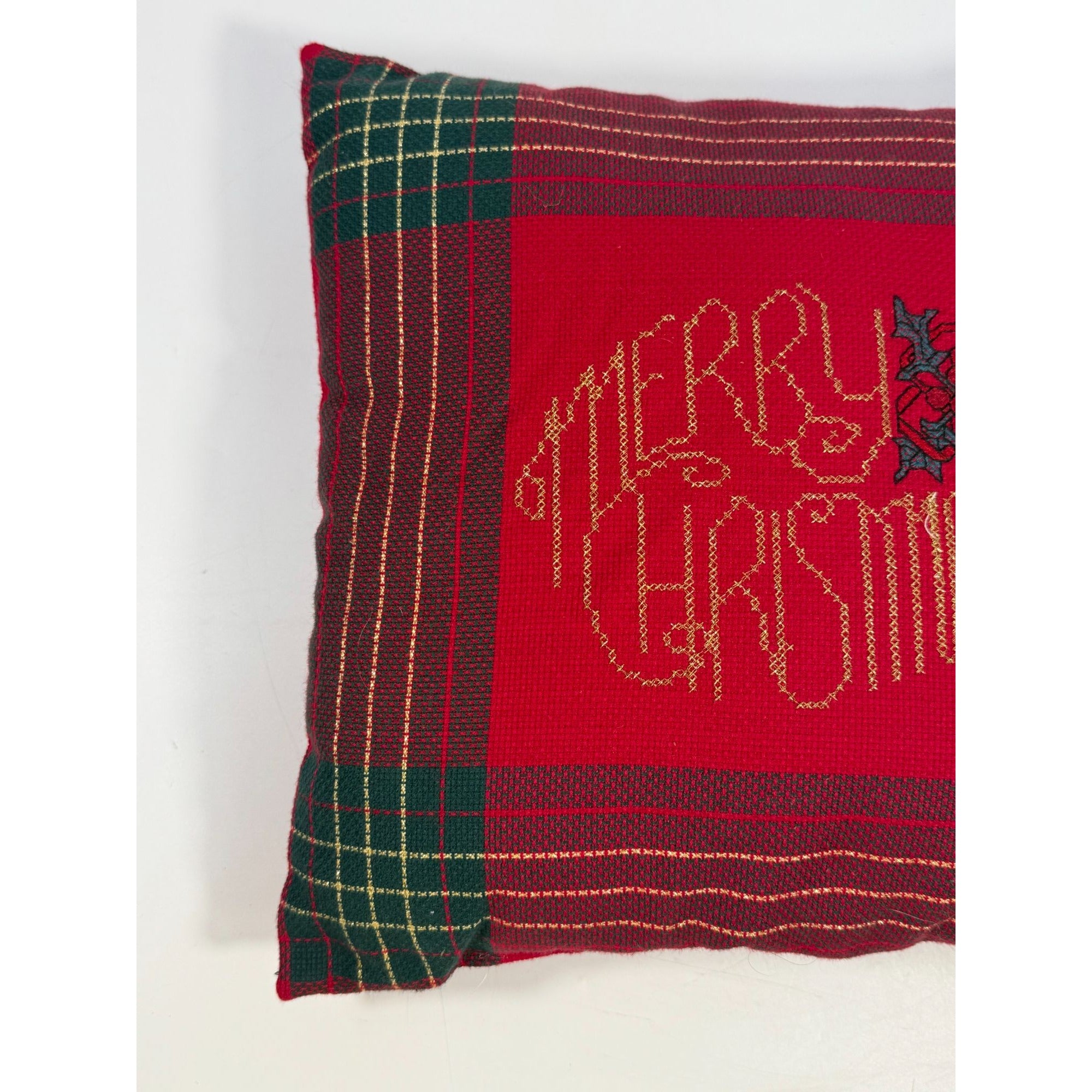 Decorative Throw Pillow Red & Green Plaid "Merry Christmas" Vintage With Gold Embroidery & Holly Design | Handmade Holiday Traditional