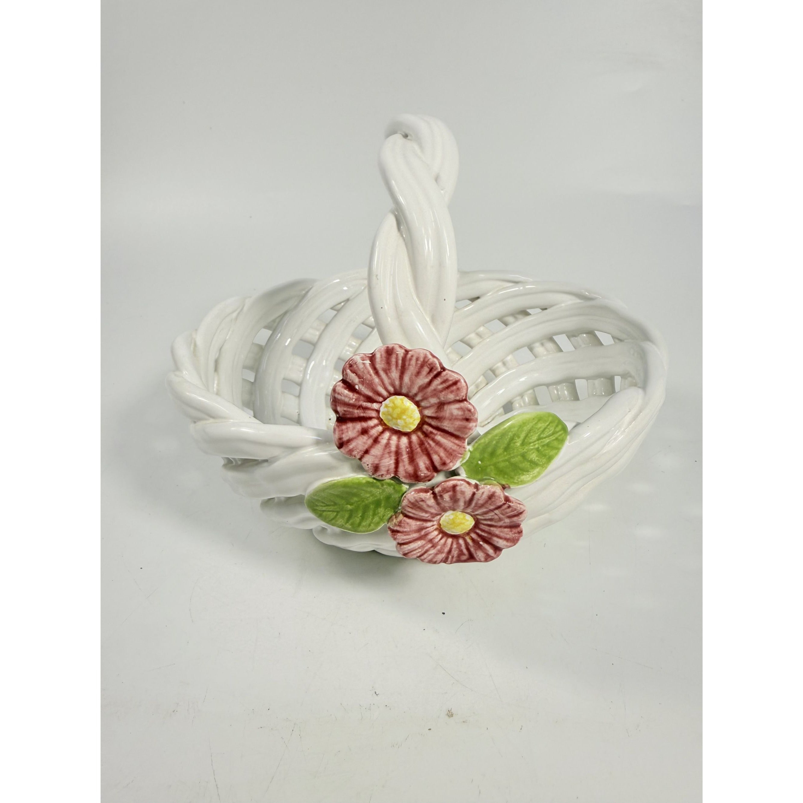 Pottery Basket Portugal Flowers Open Weave Lattice Spring Floral Hand Painted Home Decor Decorative Accents Ceramic Vintage Traditional