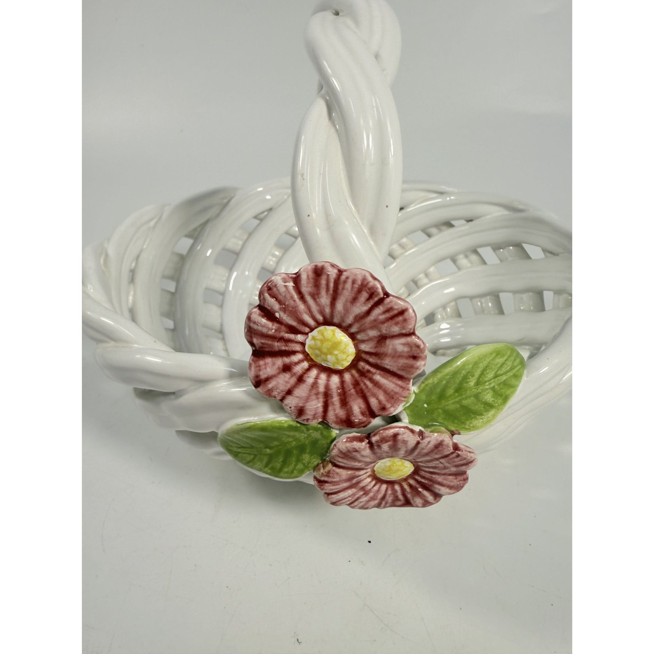 Pottery Basket Portugal Flowers Open Weave Lattice Spring Floral Hand Painted Home Decor Decorative Accents Ceramic Vintage Traditional