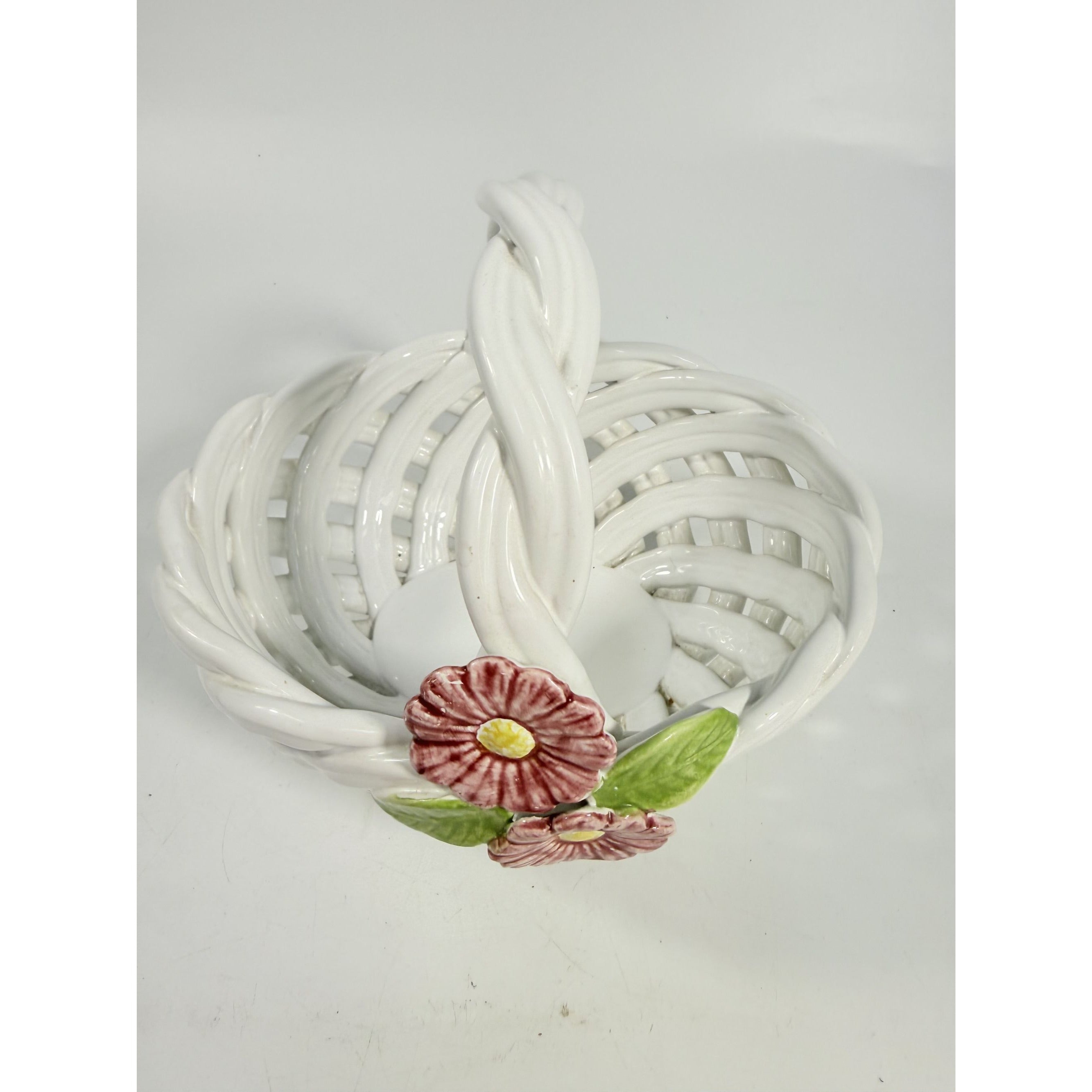 Pottery Basket Portugal Flowers Open Weave Lattice Spring Floral Hand Painted Home Decor Decorative Accents Ceramic Vintage Traditional