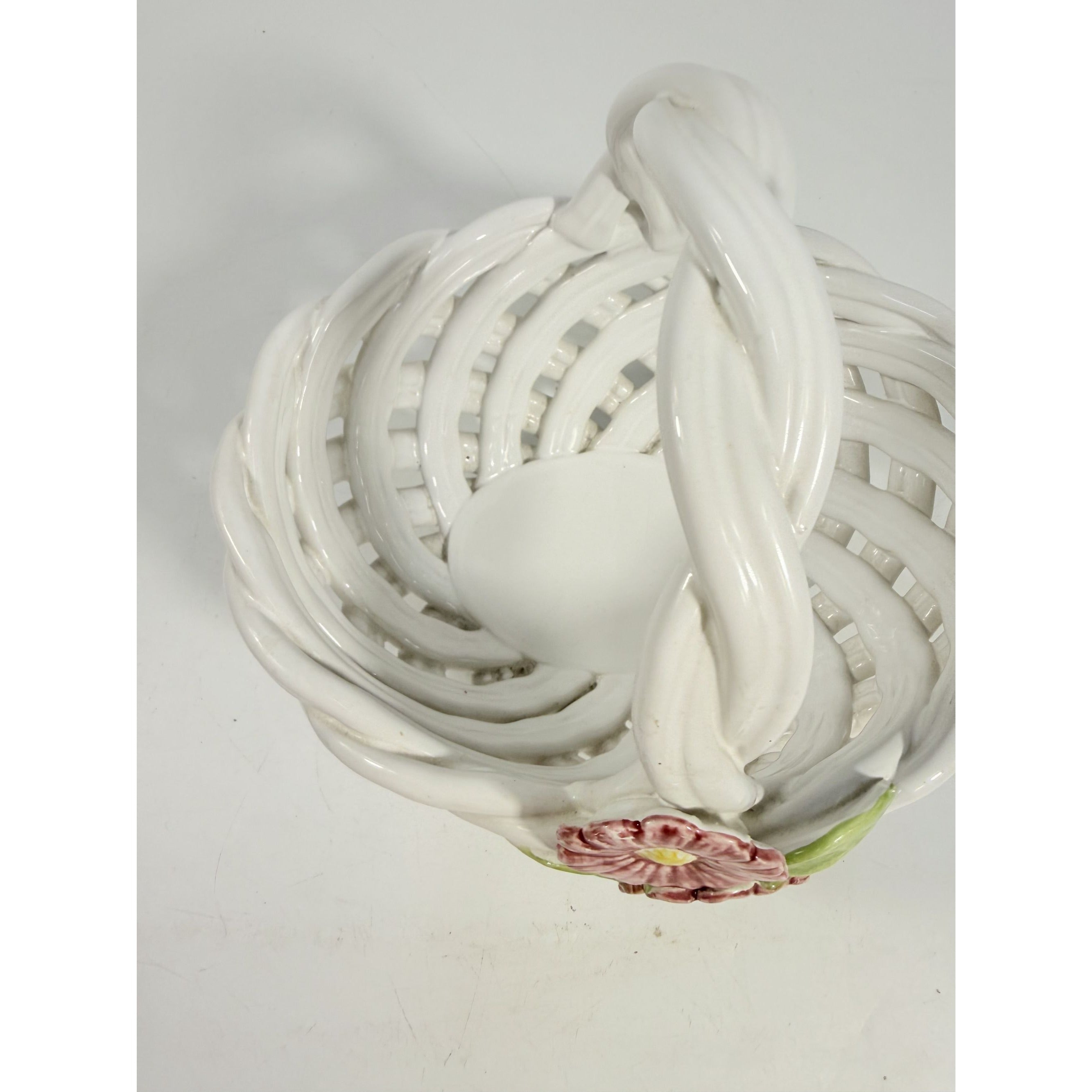 Pottery Basket Portugal Flowers Open Weave Lattice Spring Floral Hand Painted Home Decor Decorative Accents Ceramic Vintage Traditional