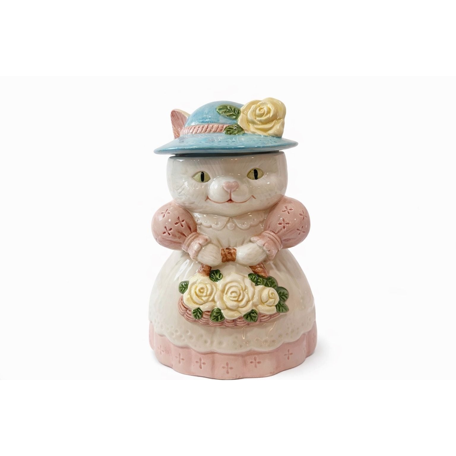 Cat Cookie Jar Vintage Victorian Mama Grandma Ceramic Albert Price Country Hat Flowers Kitchen Farmhouse Grandma Cottage Core  Pink Yellow