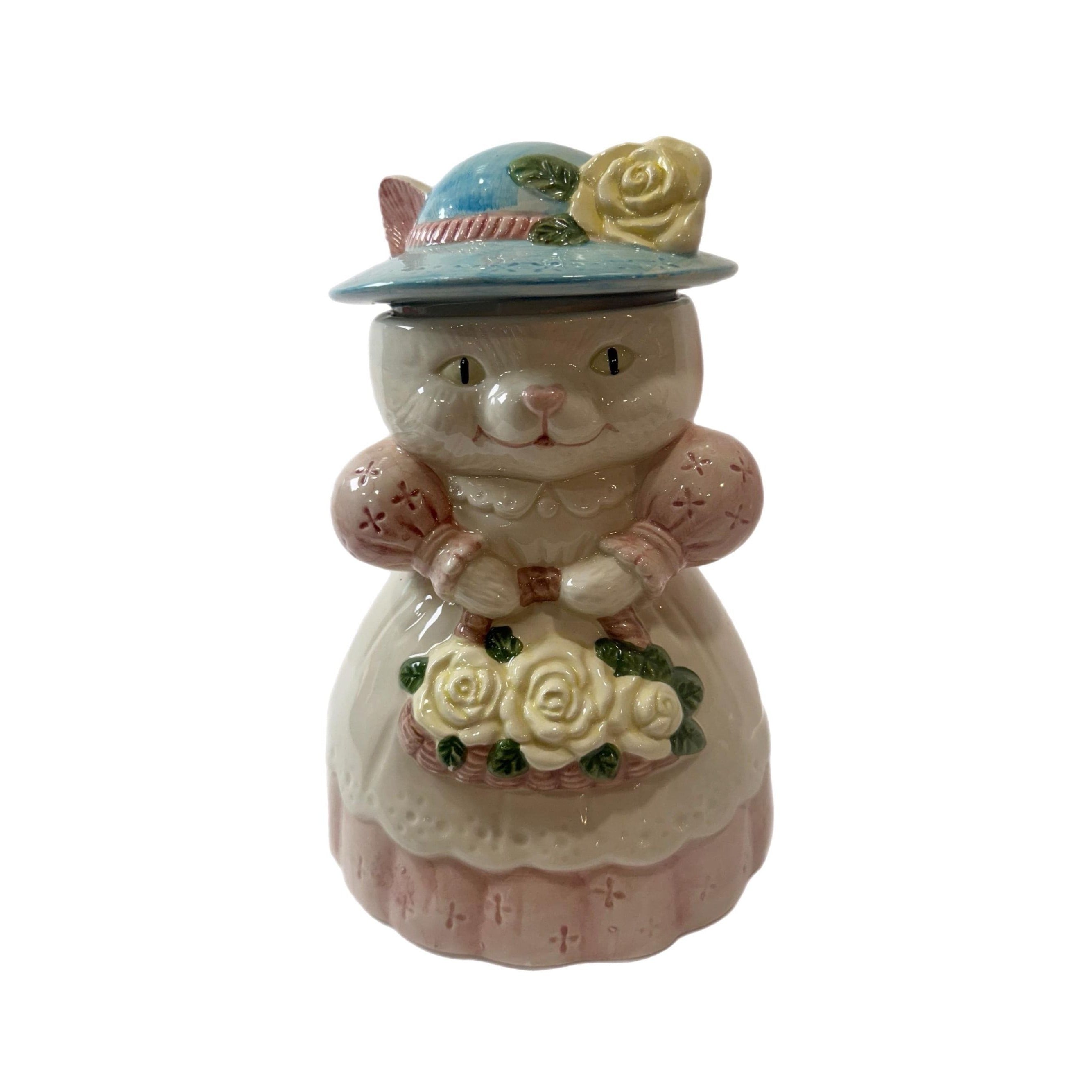 Cat Cookie Jar Vintage Victorian Mama Grandma Ceramic Albert Price Country Hat Flowers Kitchen Farmhouse Grandma Cottage Core  Pink Yellow