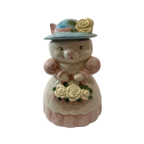 Cat Cookie Jar Vintage Victorian Mama Grandma Ceramic Albert Price Country Hat Flowers Kitchen Farmhouse Grandma Cottage Core  Pink Yellow