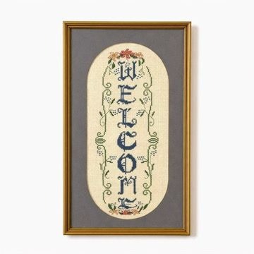 Framed Cross Stitch Welcome Gold Frame Matted Flowers Vertical Frame Handmade Farmhouse Primitive Granny Cottage Core Chic