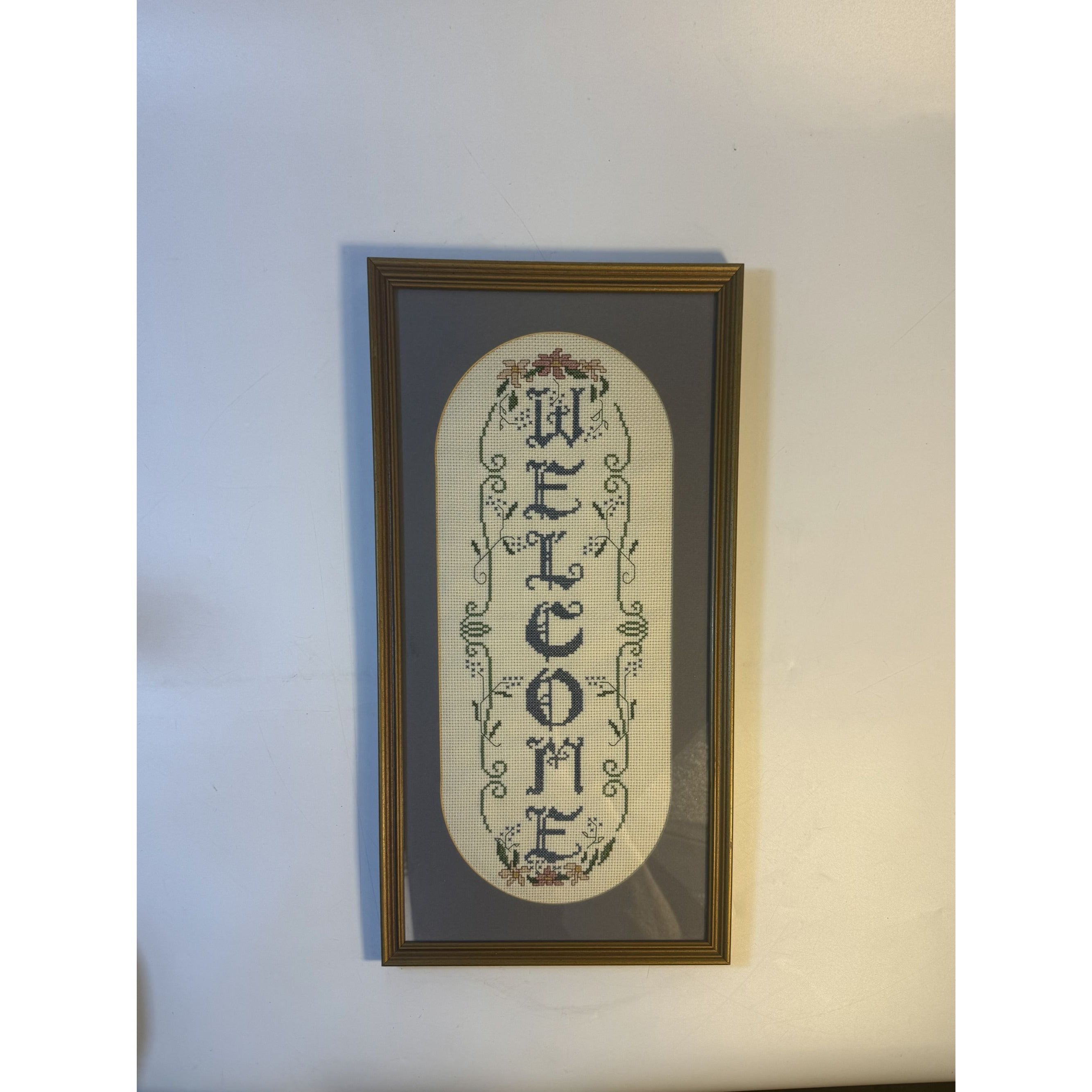 Framed Cross Stitch Welcome Gold Frame Matted Flowers Vertical Frame Handmade Farmhouse Primitive Granny Cottage Core Chic