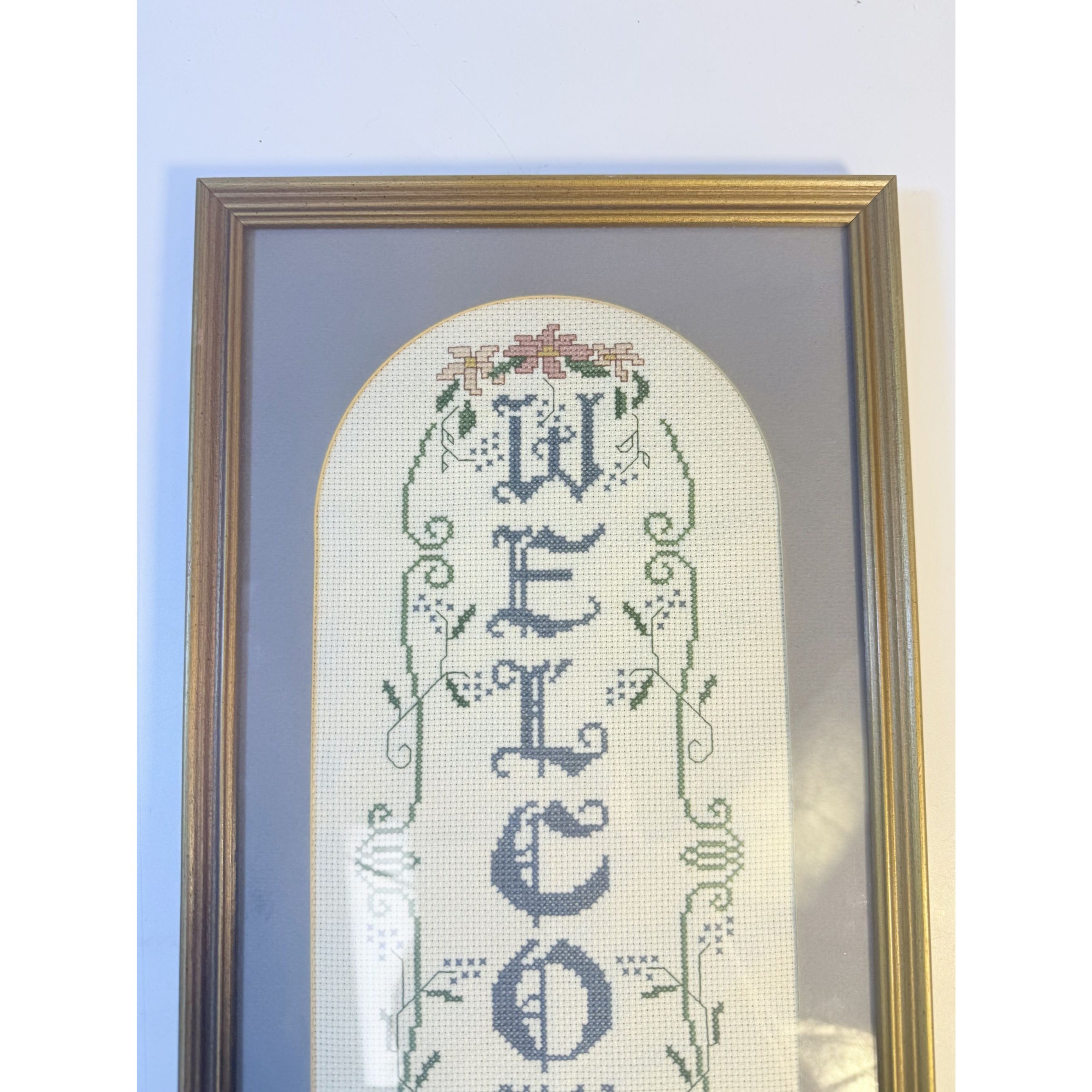 Framed Cross Stitch Welcome Gold Frame Matted Flowers Vertical Frame Handmade Farmhouse Primitive Granny Cottage Core Chic