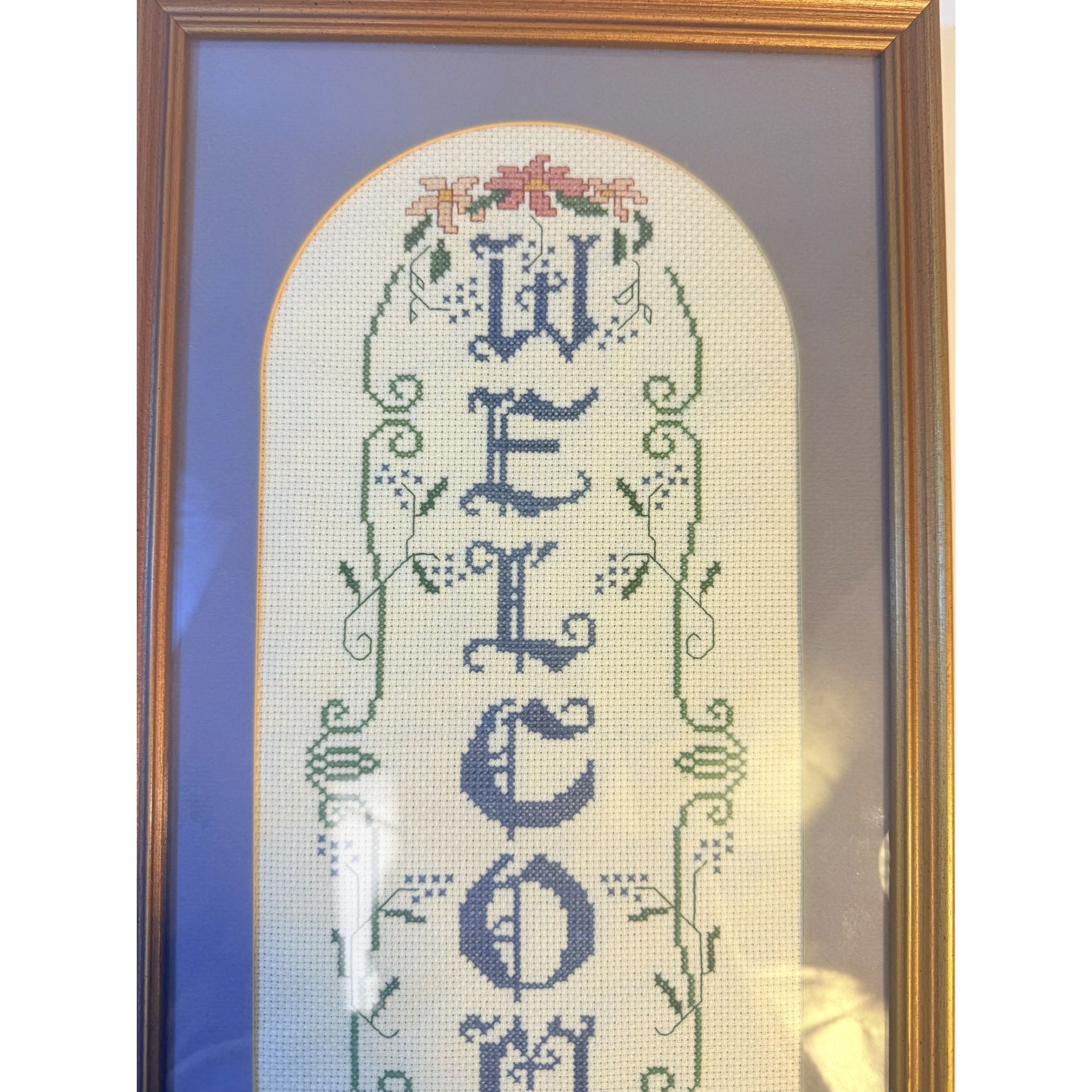 Framed Cross Stitch Welcome Gold Frame Matted Flowers Vertical Frame Handmade Farmhouse Primitive Granny Cottage Core Chic