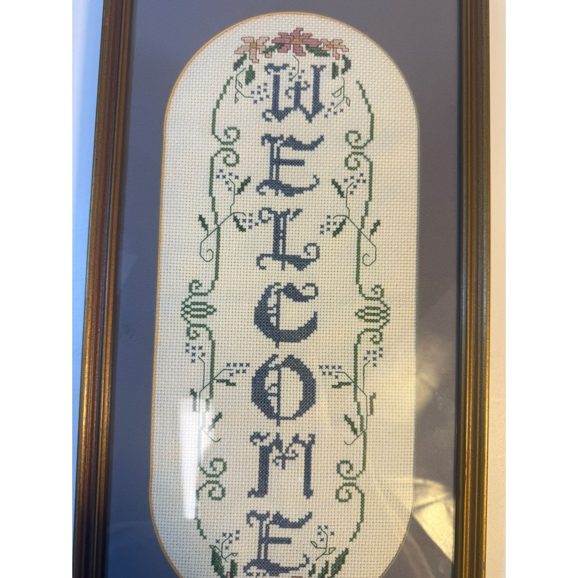 Framed Cross Stitch Welcome Gold Frame Matted Flowers Vertical Frame Handmade Farmhouse Primitive Granny Cottage Core Chic
