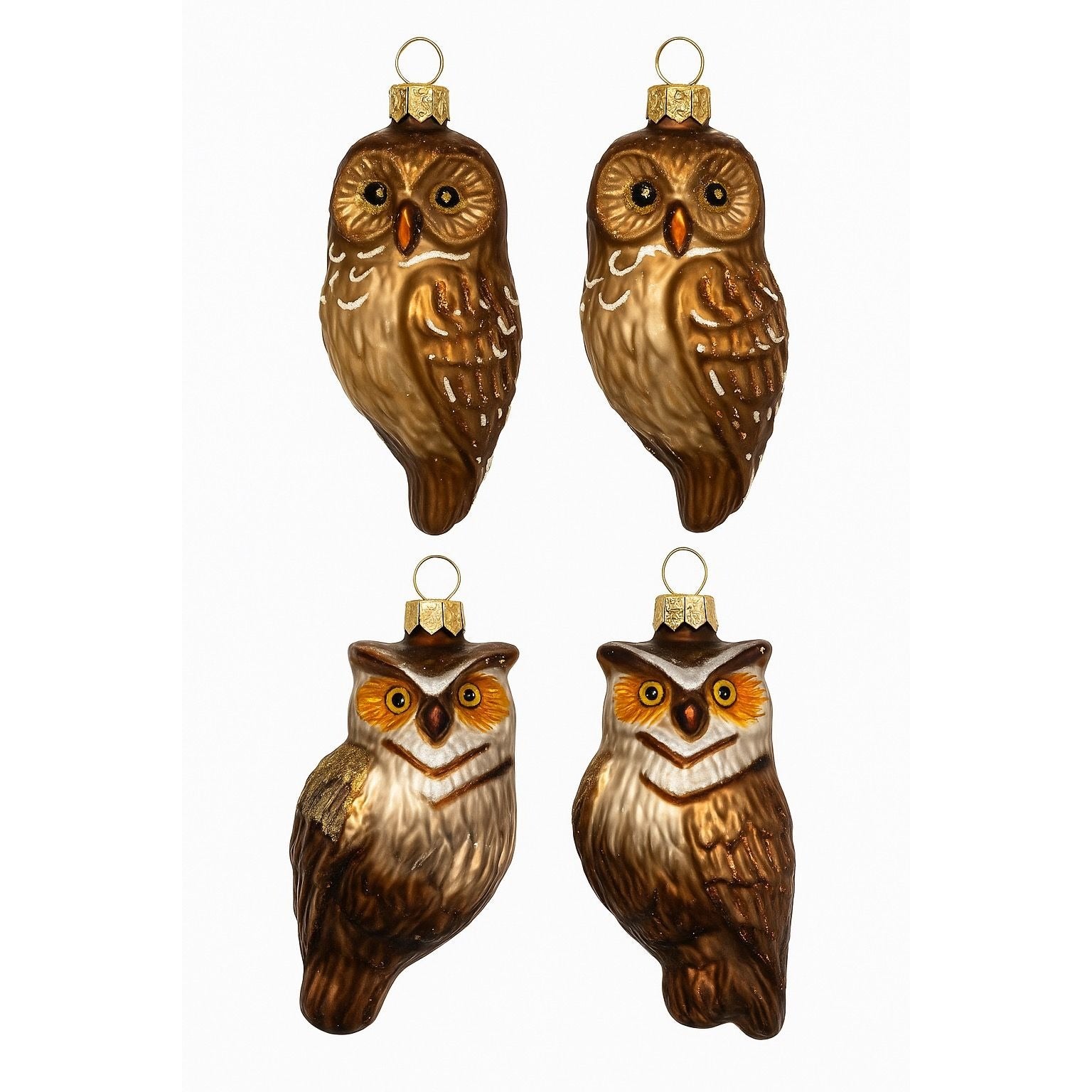 Owl Christmas Tree Ornaments Set 4 Hand Blown Glass Ornaments Woodland Creature Holiday Seasonal Decor Hand Painted Brown Vintage