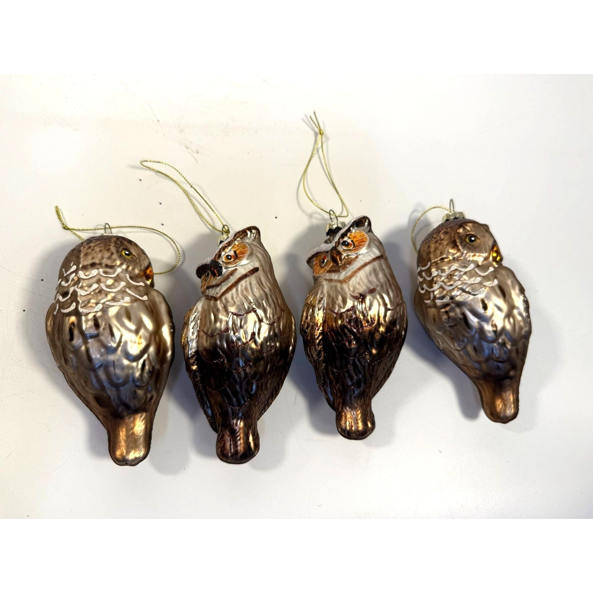 Owl Christmas Tree Ornaments Set 4 Hand Blown Glass Ornaments Woodland Creature Holiday Seasonal Decor Hand Painted Brown Vintage