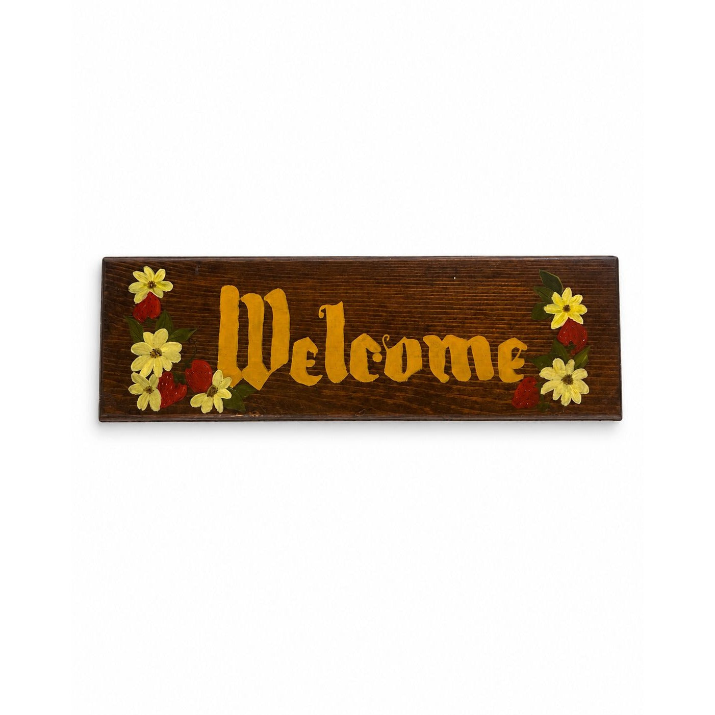 Wooden Sign Welcome Hand Painted Flowers Strawberries Wood Wall Vintage  Door Enterance Farmhouse Primitive Cottage Granny Core
