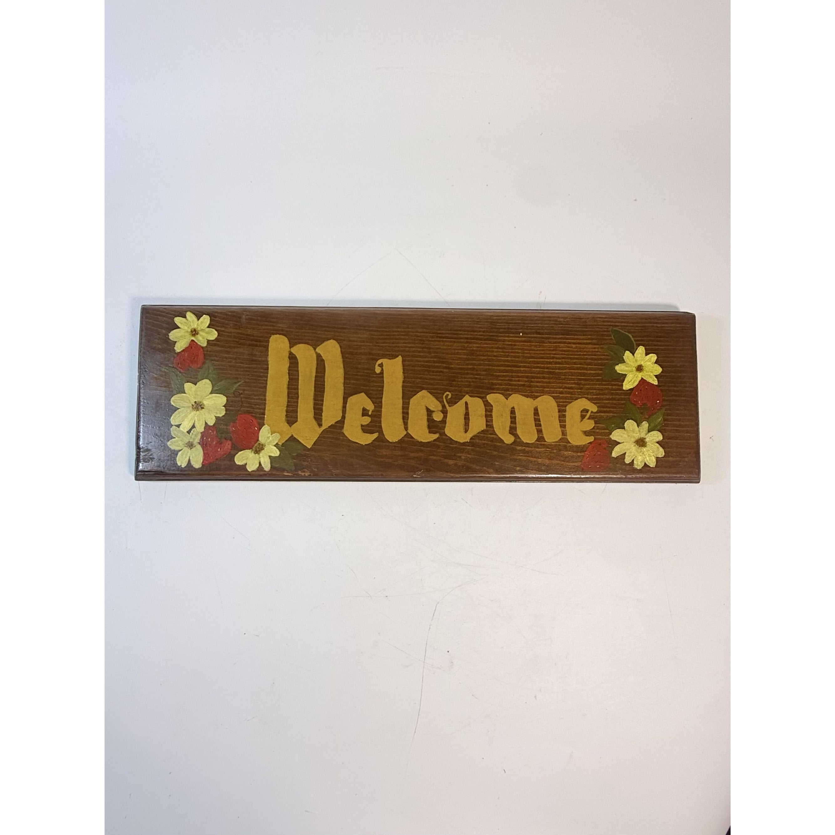 Wooden Sign Welcome Hand Painted Flowers Strawberries Wood Wall Vintage  Door Enterance Farmhouse Primitive Cottage Granny Core
