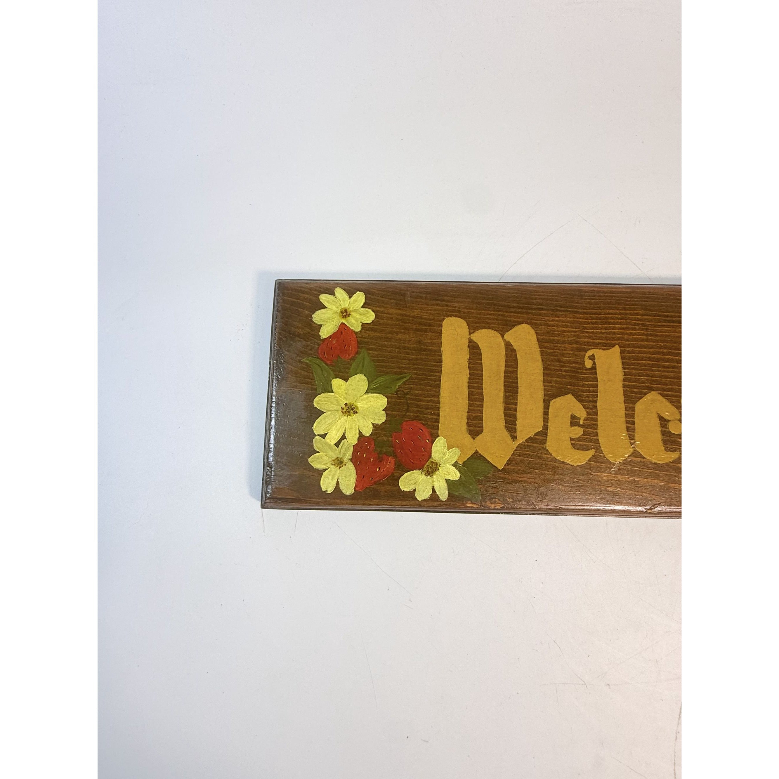 Wooden Sign Welcome Hand Painted Flowers Strawberries Wood Wall Vintage  Door Enterance Farmhouse Primitive Cottage Granny Core
