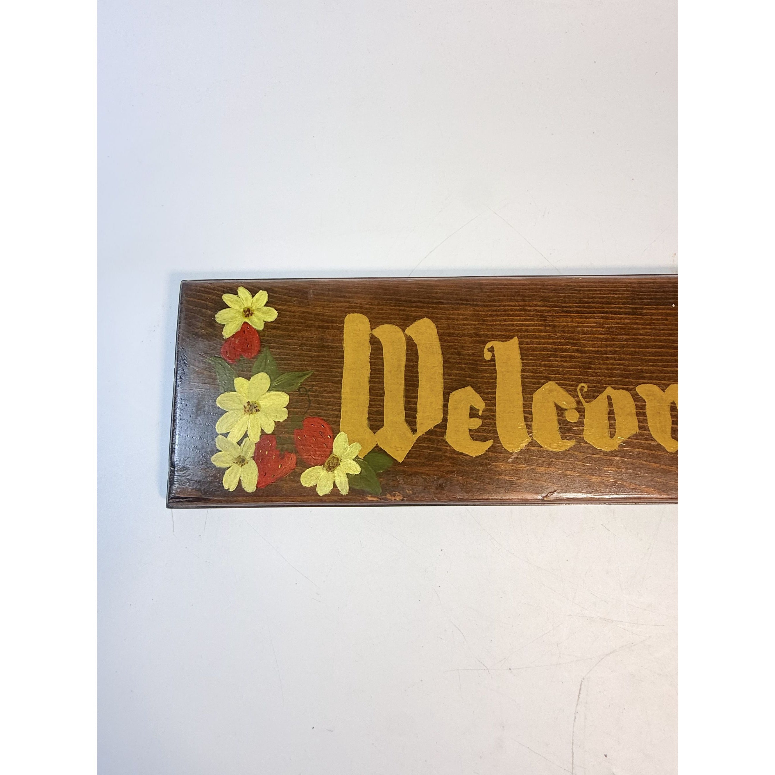 Wooden Sign Welcome Hand Painted Flowers Strawberries Wood Wall Vintage  Door Enterance Farmhouse Primitive Cottage Granny Core