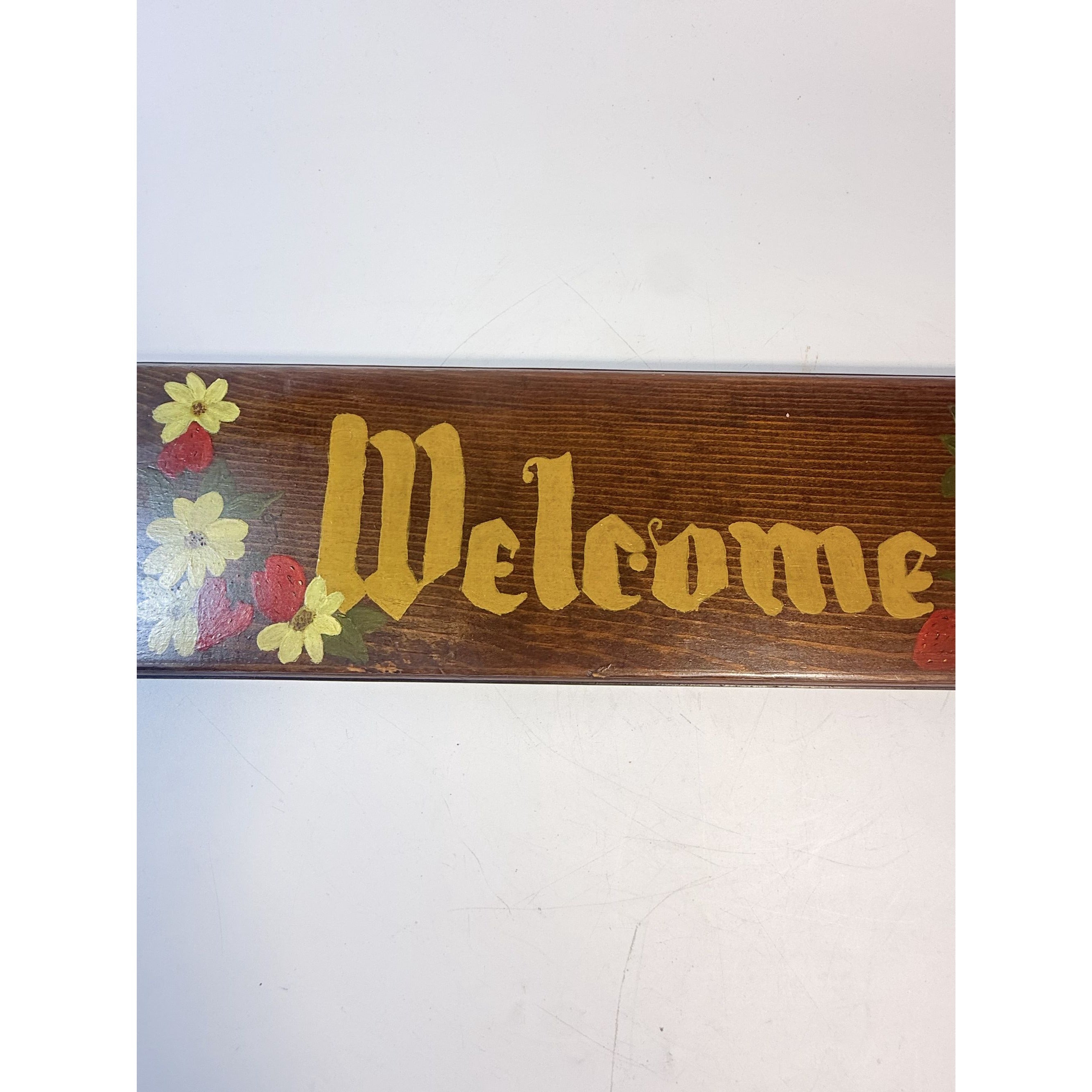Wooden Sign Welcome Hand Painted Flowers Strawberries Wood Wall Vintage  Door Enterance Farmhouse Primitive Cottage Granny Core