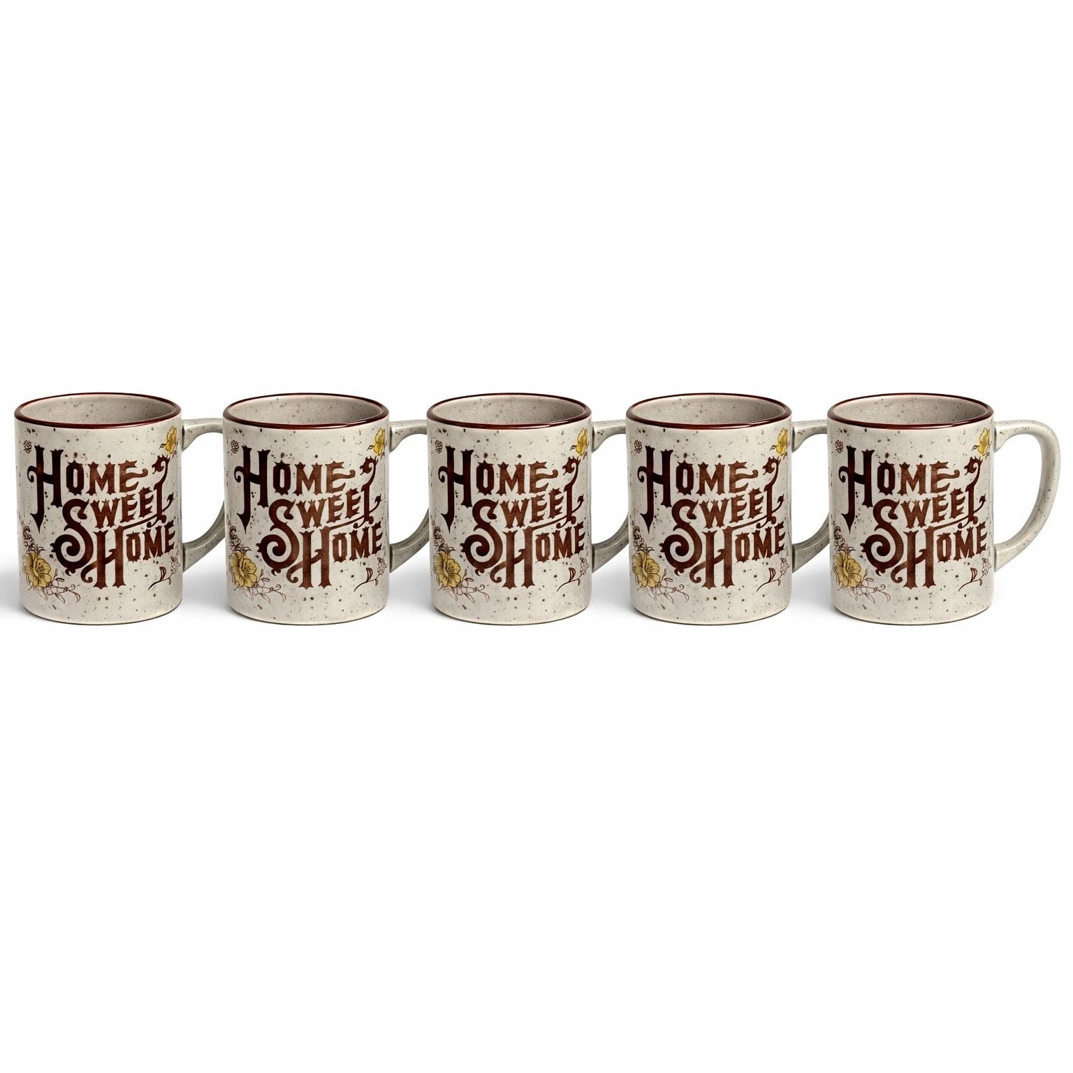 Stoneware Coffee Mugs Set 5 Home Sweet Home Japan Floral Specked Dessert Salad Vintage Farmhouse Country Cottage Granny Core Pottery 12 oz