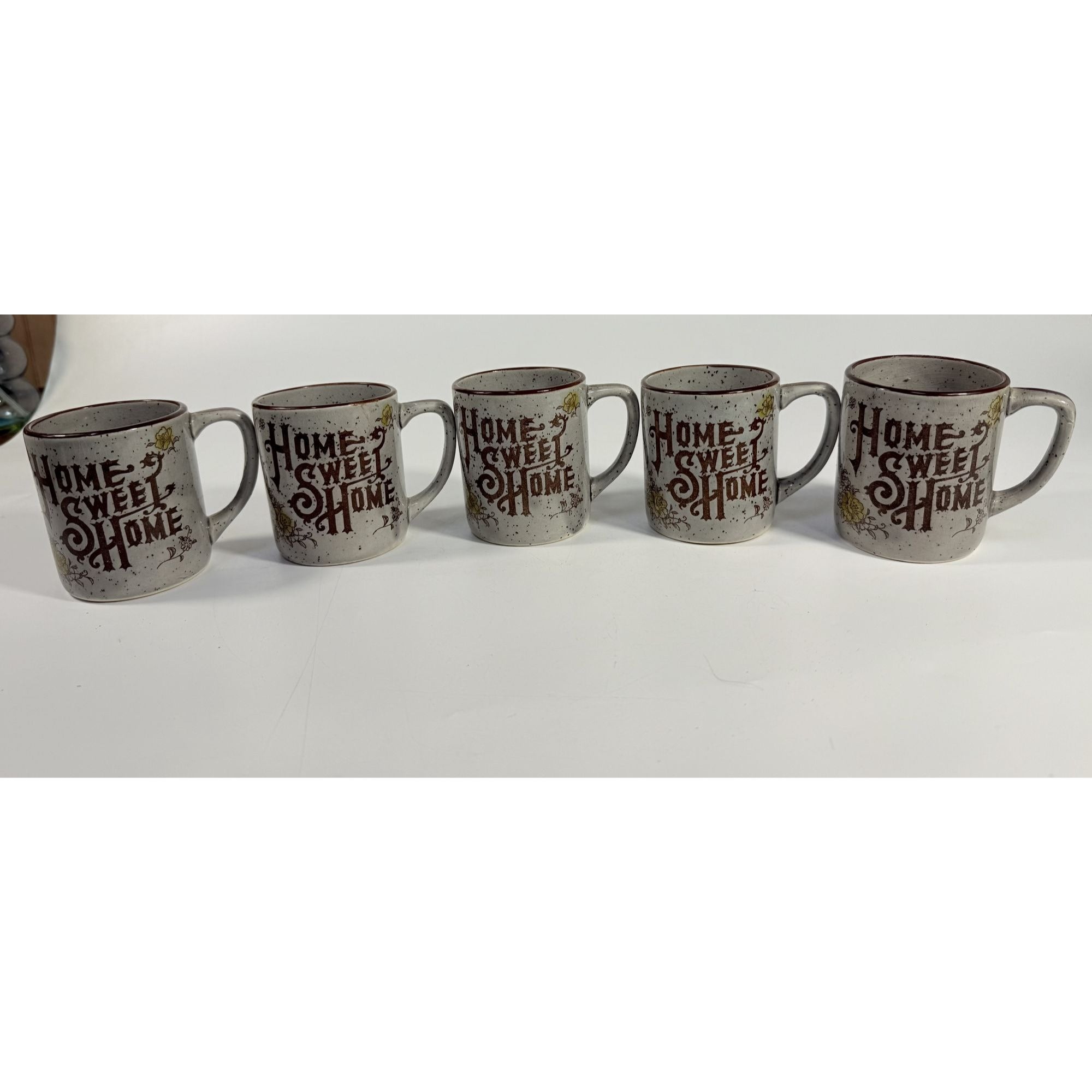 Stoneware Coffee Mugs Set 5 Home Sweet Home Japan Floral Specked Dessert Salad Vintage Farmhouse Country Cottage Granny Core Pottery 12 oz