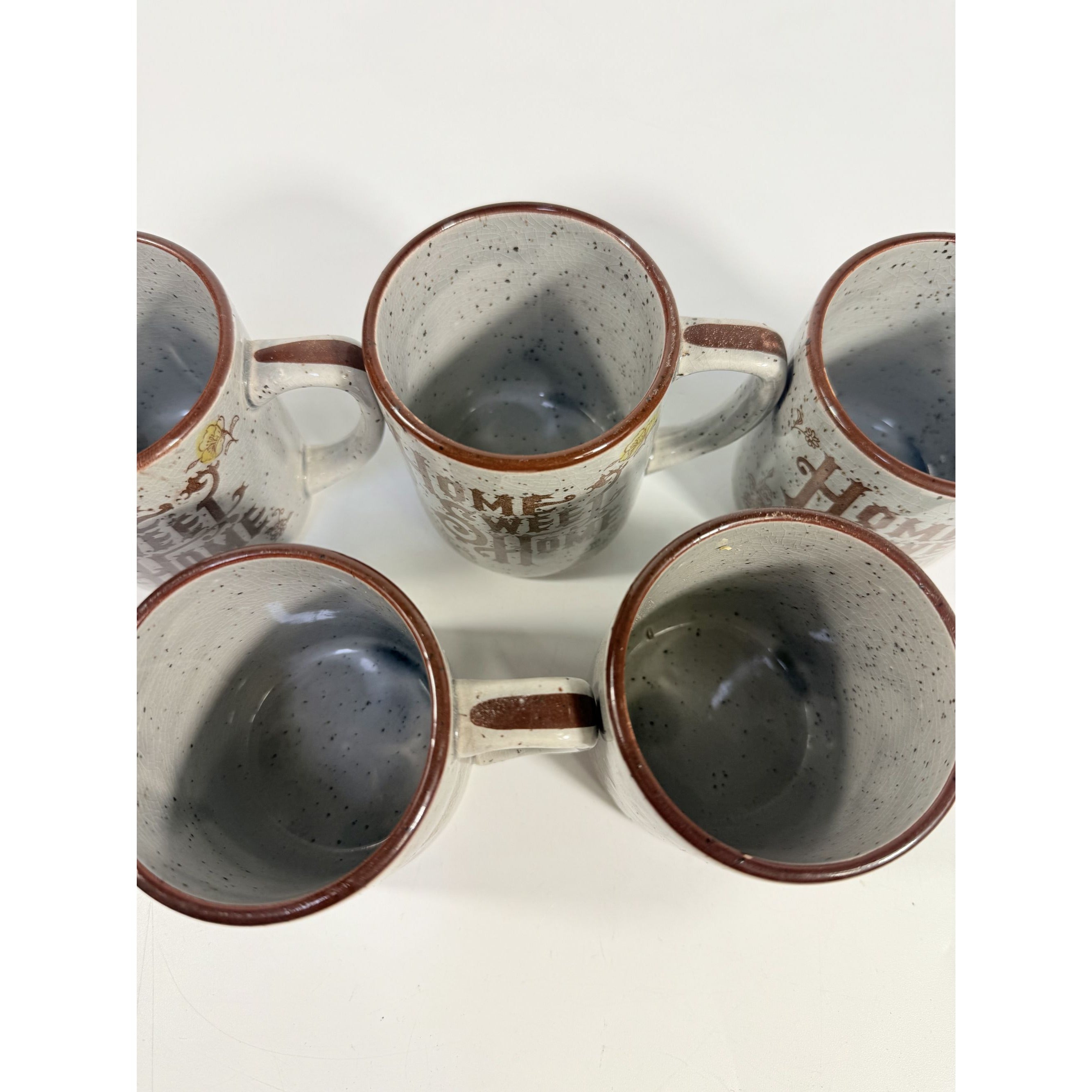 Stoneware Coffee Mugs Set 5 Home Sweet Home Japan Floral Specked Dessert Salad Vintage Farmhouse Country Cottage Granny Core Pottery 12 oz