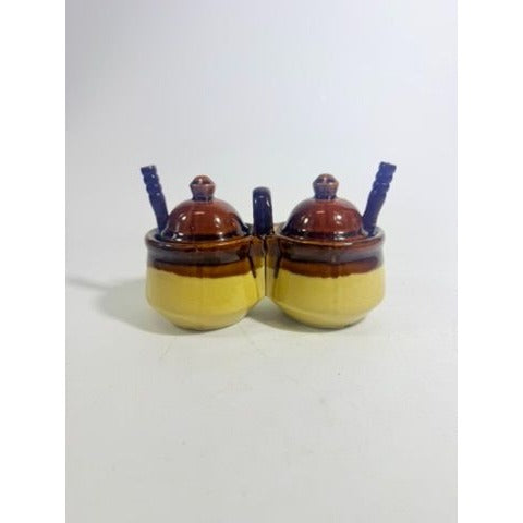Stoneware Pottery Condiment Dish Double Vintage Bowl Taiwan Dish Handle Brown Spoon Farmhouse Cottage Granny Core