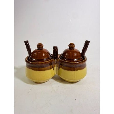 Stoneware Pottery Condiment Dish Double Vintage Bowl Taiwan Dish Handle Brown Spoon Farmhouse Cottage Granny Core