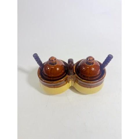 Stoneware Pottery Condiment Dish Double Vintage Bowl Taiwan Dish Handle Brown Spoon Farmhouse Cottage Granny Core