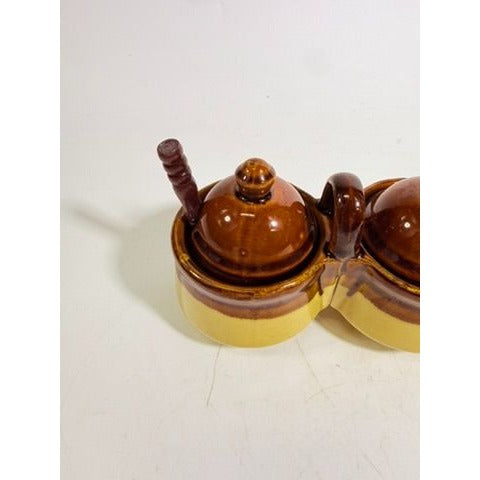Stoneware Pottery Condiment Dish Double Vintage Bowl Taiwan Dish Handle Brown Spoon Farmhouse Cottage Granny Core