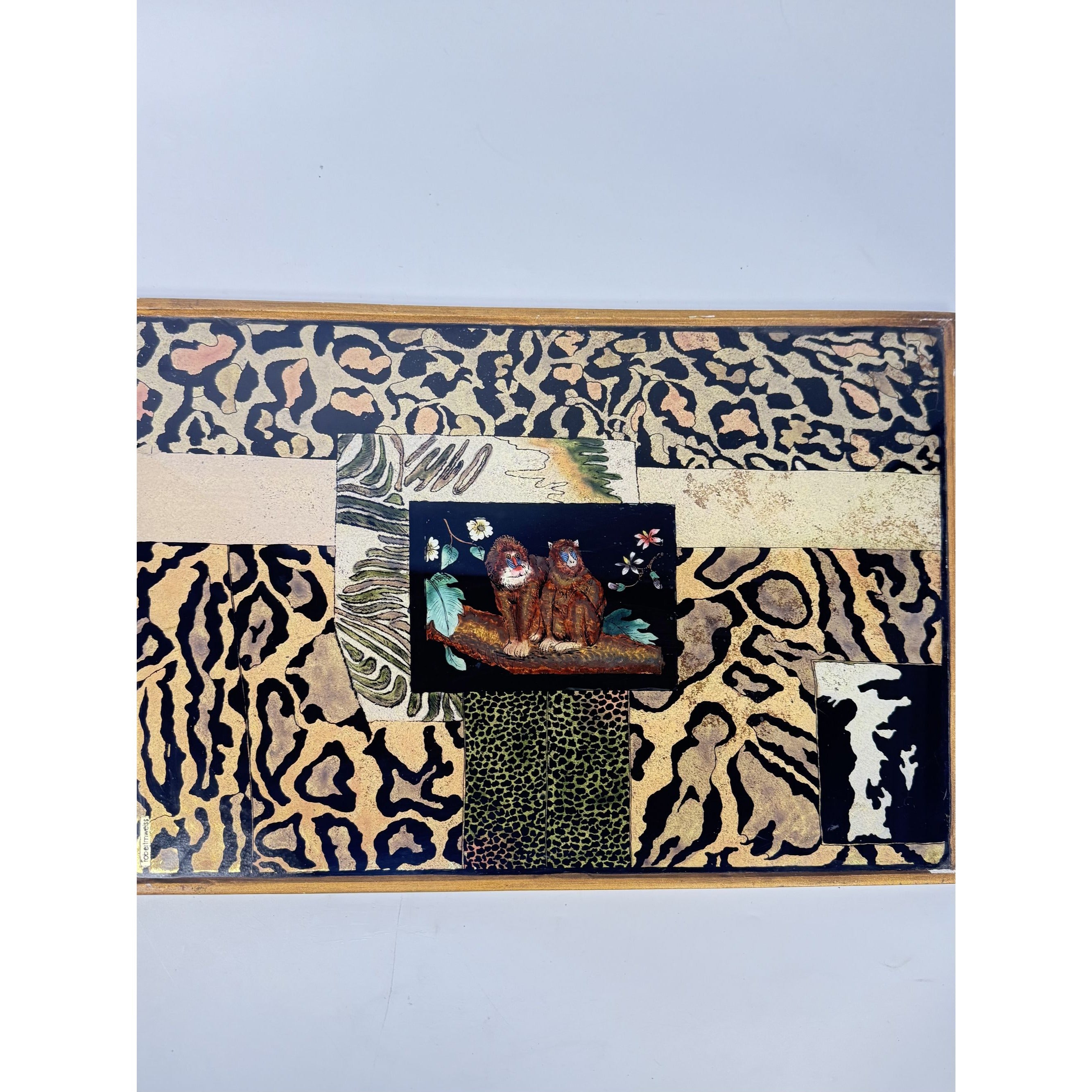 Glass Tray Robert M Weiss Reverse Hand Painted Wooden Display Peru VTG Baboon Animal Print