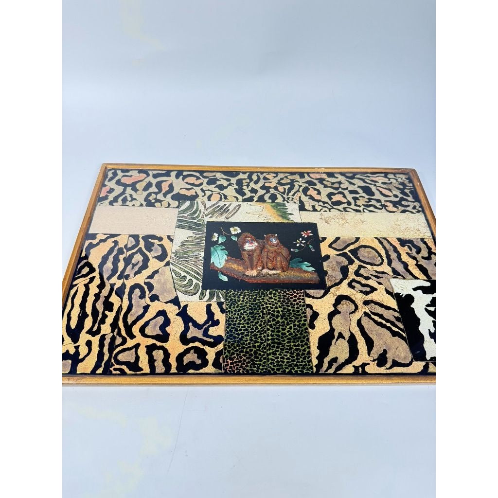 Glass Tray Robert M Weiss Reverse Hand Painted Wooden Display Peru VTG Baboon Animal Print