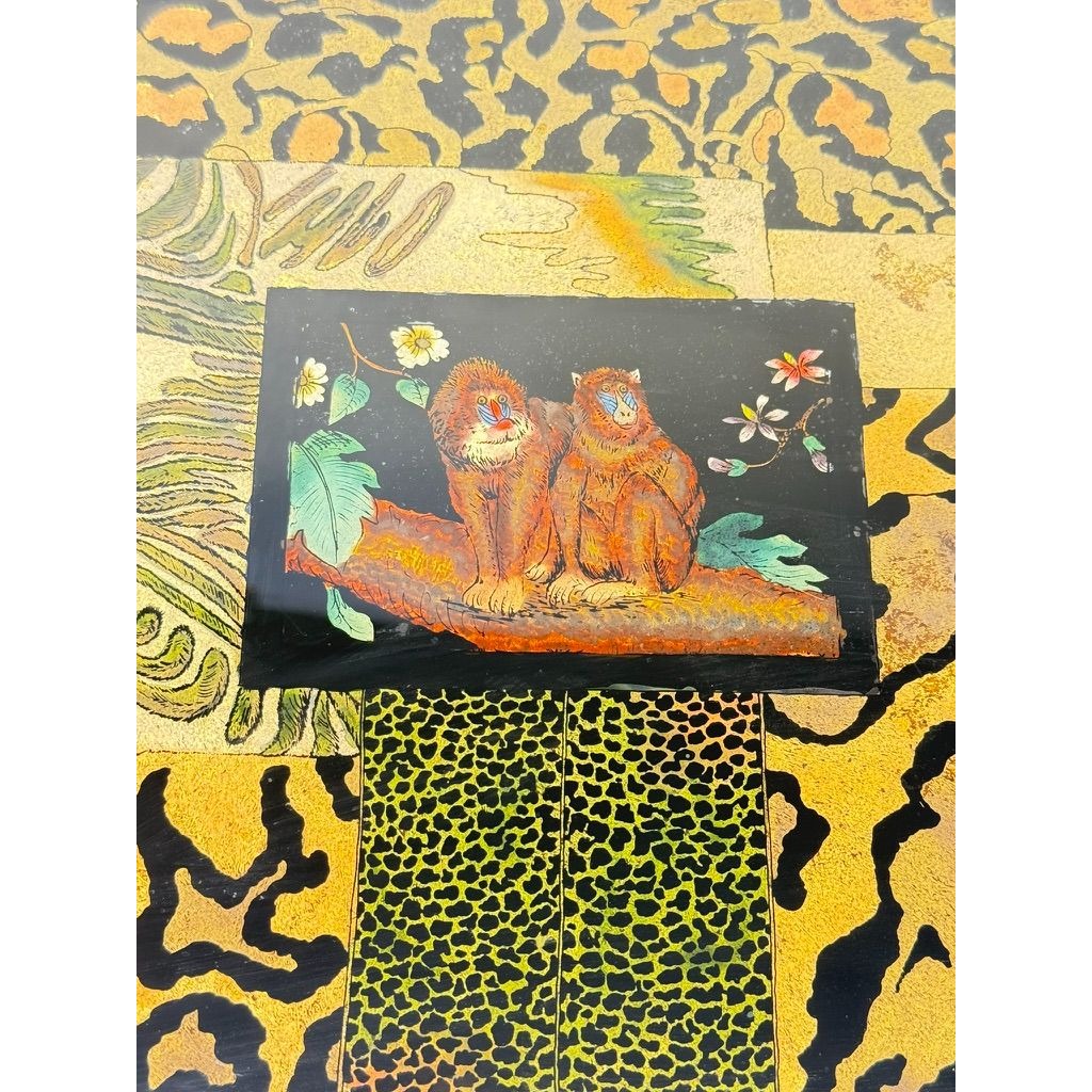 Glass Tray Robert M Weiss Reverse Hand Painted Wooden Display Peru VTG Baboon Animal Print