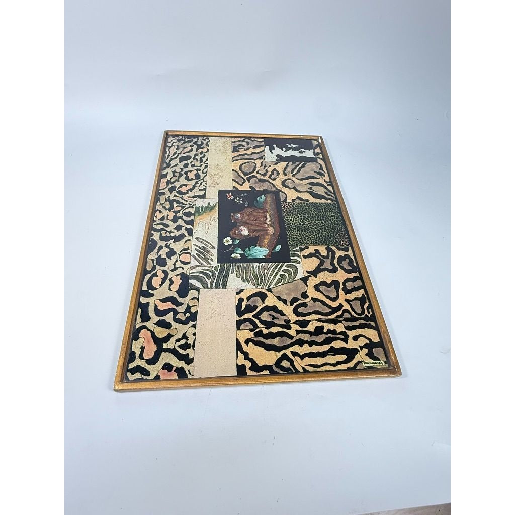 Glass Tray Robert M Weiss Reverse Hand Painted Wooden Display Peru VTG Baboon Animal Print