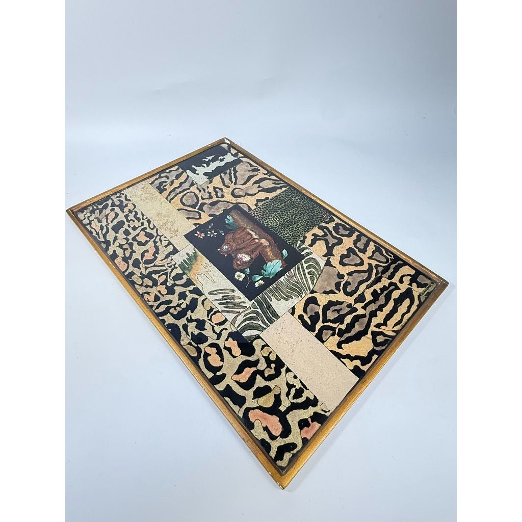 Glass Tray Robert M Weiss Reverse Hand Painted Wooden Display Peru VTG Baboon Animal Print