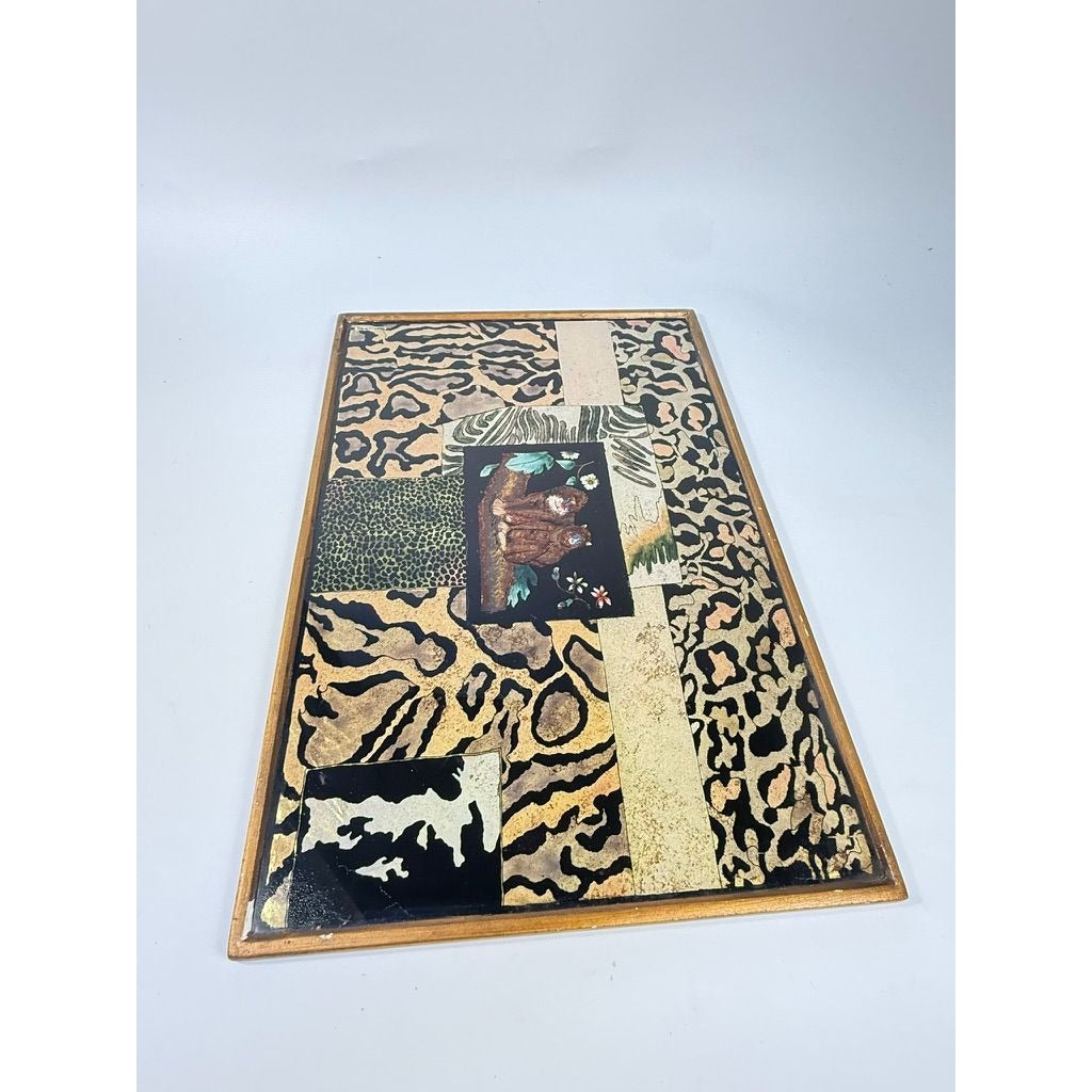 Glass Tray Robert M Weiss Reverse Hand Painted Wooden Display Peru VTG Baboon Animal Print