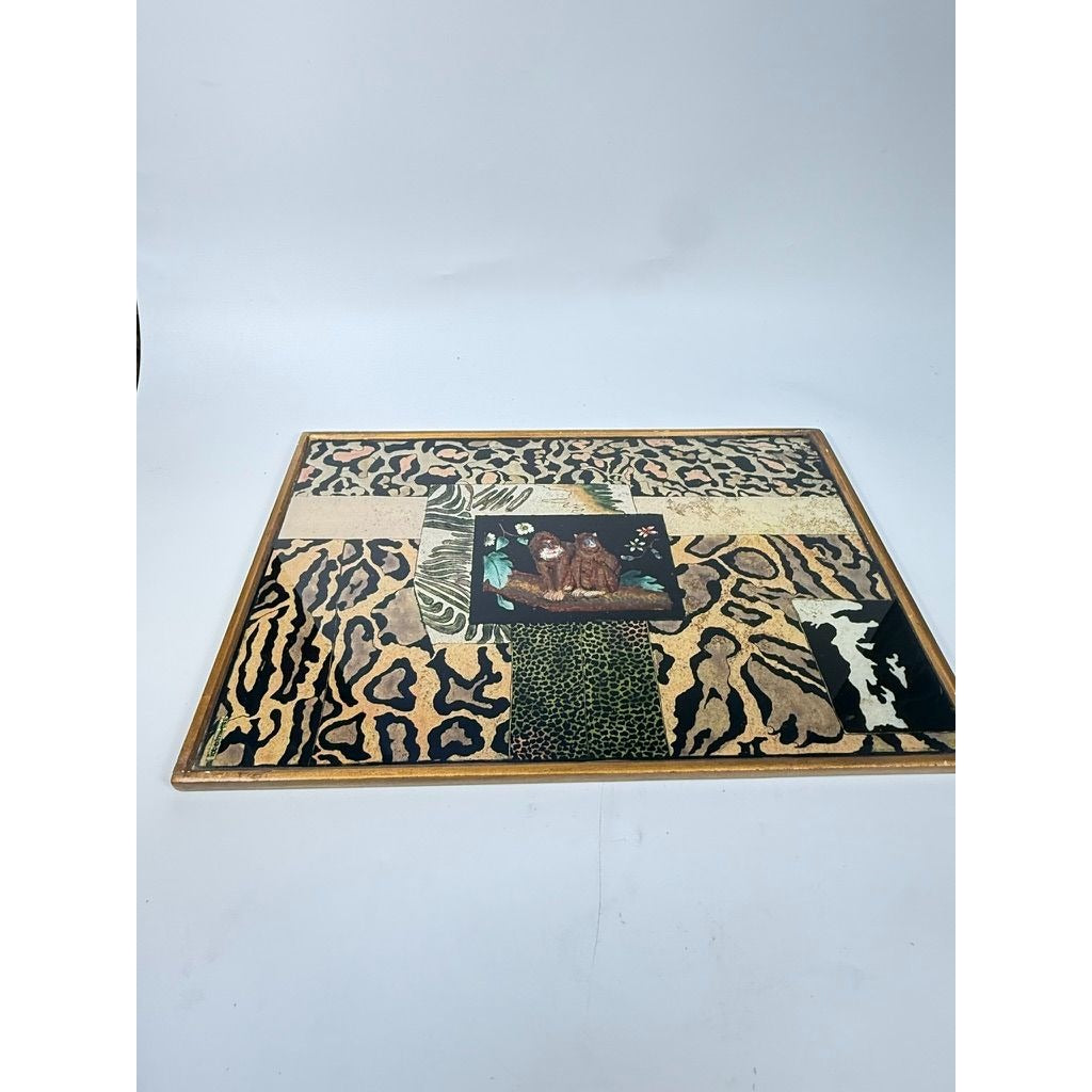 Glass Tray Robert M Weiss Reverse Hand Painted Wooden Display Peru VTG Baboon Animal Print