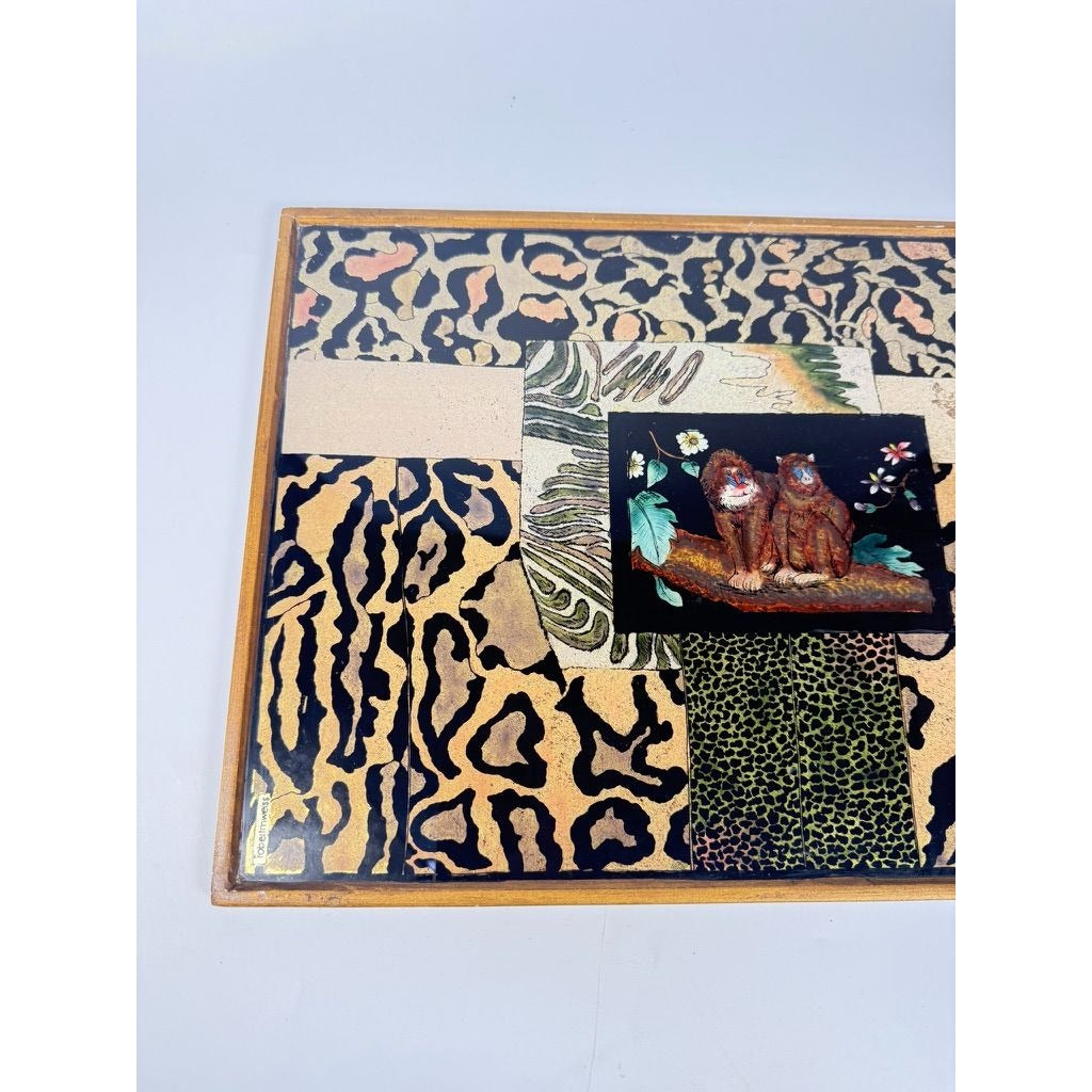 Glass Tray Robert M Weiss Reverse Hand Painted Wooden Display Peru VTG Baboon Animal Print