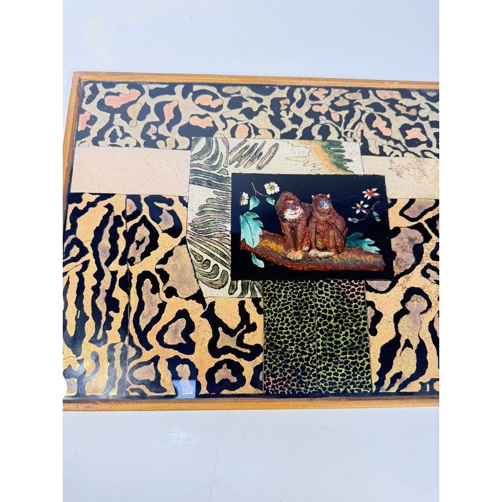 Glass Tray Robert M Weiss Reverse Hand Painted Wooden Display Peru VTG Baboon Animal Print