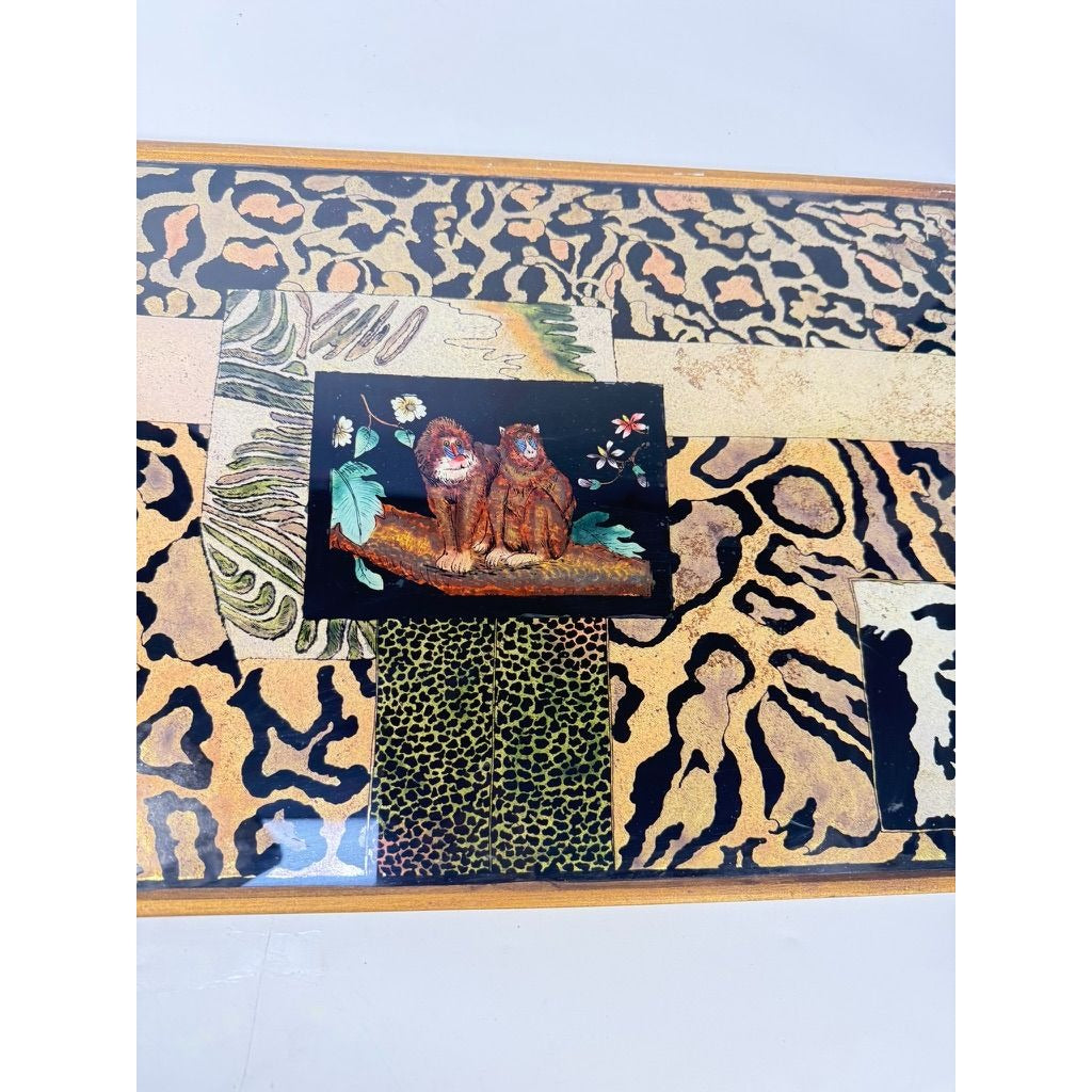 Glass Tray Robert M Weiss Reverse Hand Painted Wooden Display Peru VTG Baboon Animal Print
