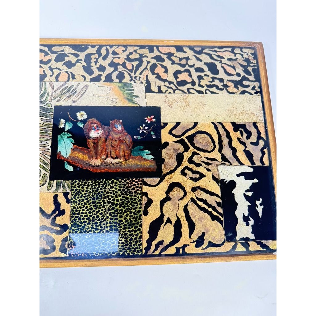 Glass Tray Robert M Weiss Reverse Hand Painted Wooden Display Peru VTG Baboon Animal Print