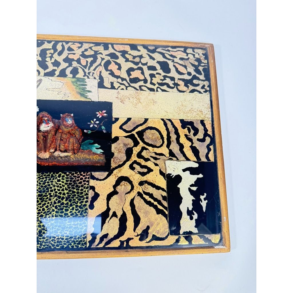 Glass Tray Robert M Weiss Reverse Hand Painted Wooden Display Peru VTG Baboon Animal Print