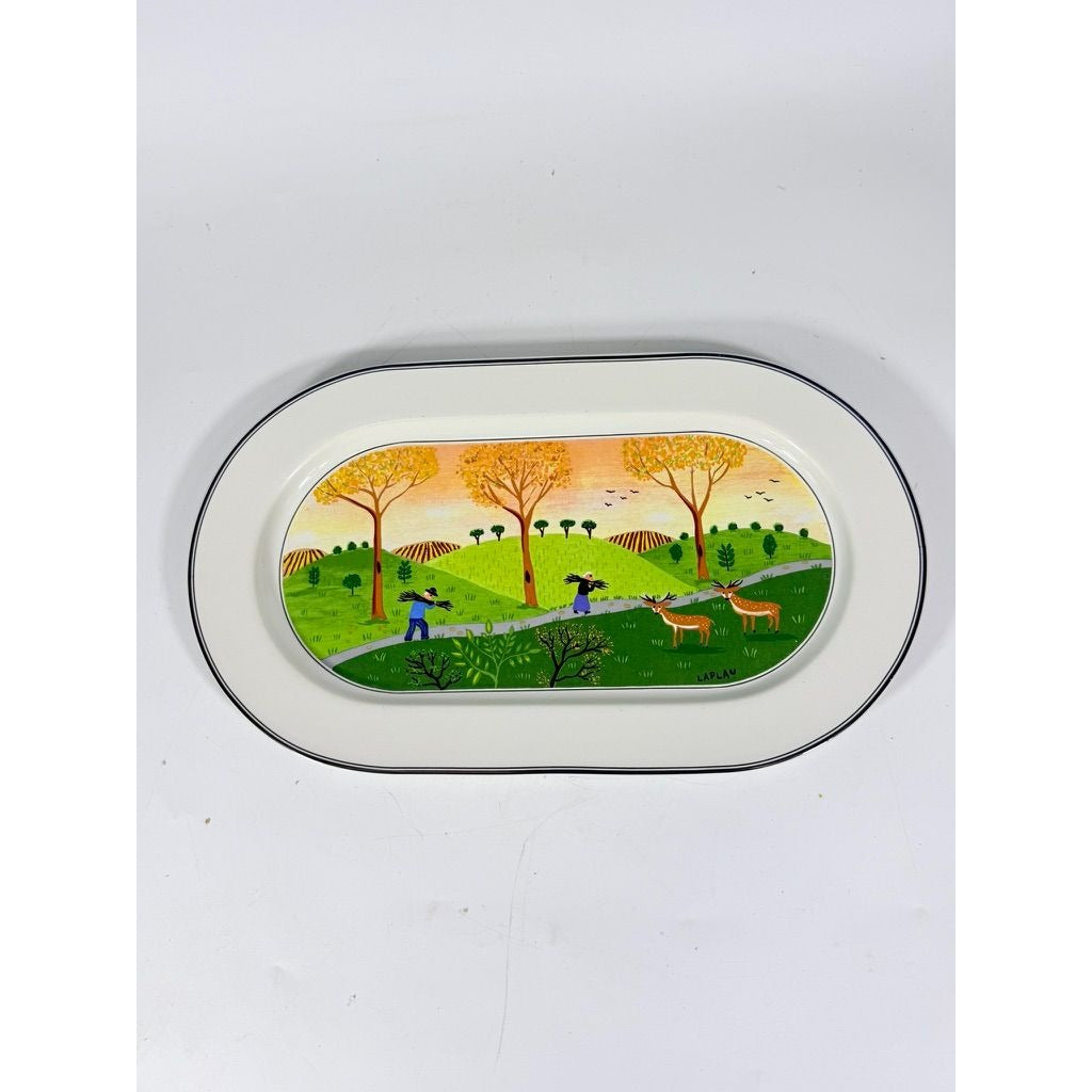 Villeroy & Boch Design Naif Porcelain 15-1/4" Oval Serving Platter Replacement China "Gathering Twigs" scene by artist Gérard Laplau Vintage