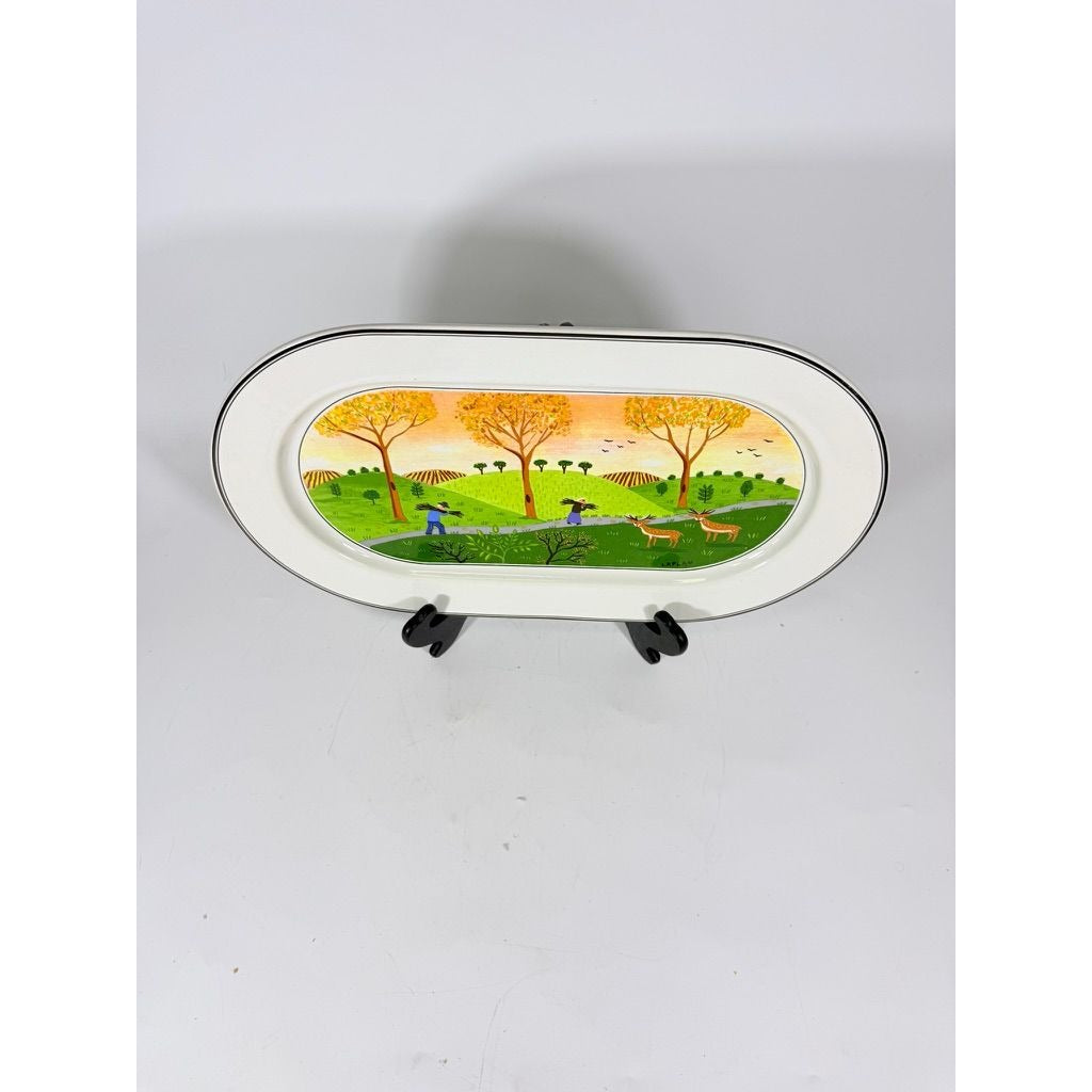 Villeroy & Boch Design Naif Porcelain 15-1/4" Oval Serving Platter Replacement China "Gathering Twigs" scene by artist Gérard Laplau Vintage