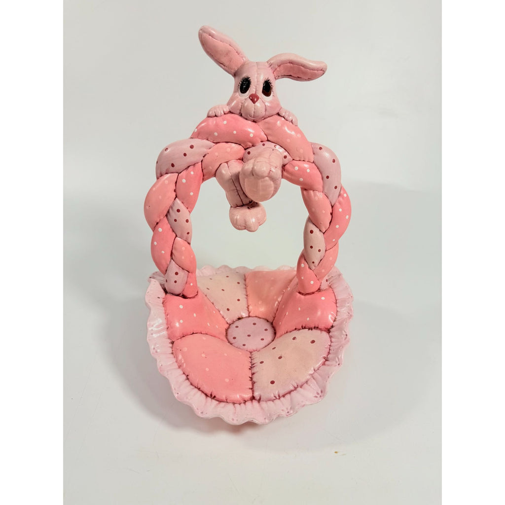 Easter Basket Ceramic Hand Painted Dana's 1985 Puffed Pillowed Ruffled Cloth Ceramic Basket Pink Polka Dot Kitschy Spring Home Decor