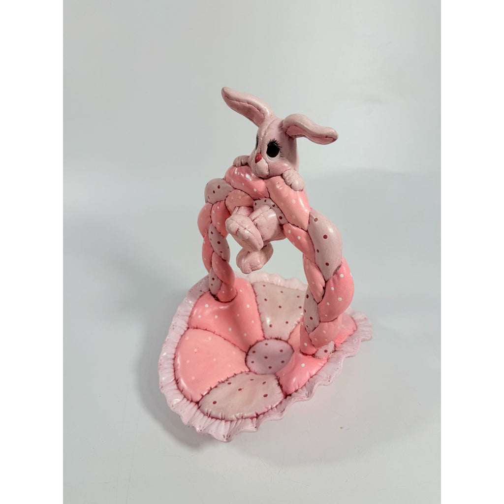 Easter Basket Ceramic Hand Painted Dana's 1985 Puffed Pillowed Ruffled Cloth Ceramic Basket Pink Polka Dot Kitschy Spring Home Decor