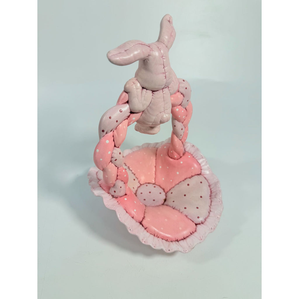 Easter Basket Ceramic Hand Painted Dana's 1985 Puffed Pillowed Ruffled Cloth Ceramic Basket Pink Polka Dot Kitschy Spring Home Decor